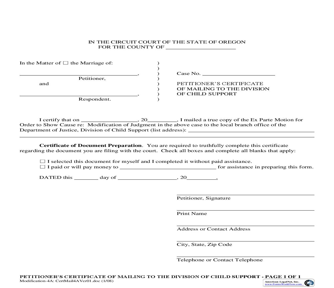 Petitioners Certificate Of Mailing To The Division Of Child Support (4A) | Pdf Fpdf Doc Docx | Oregon