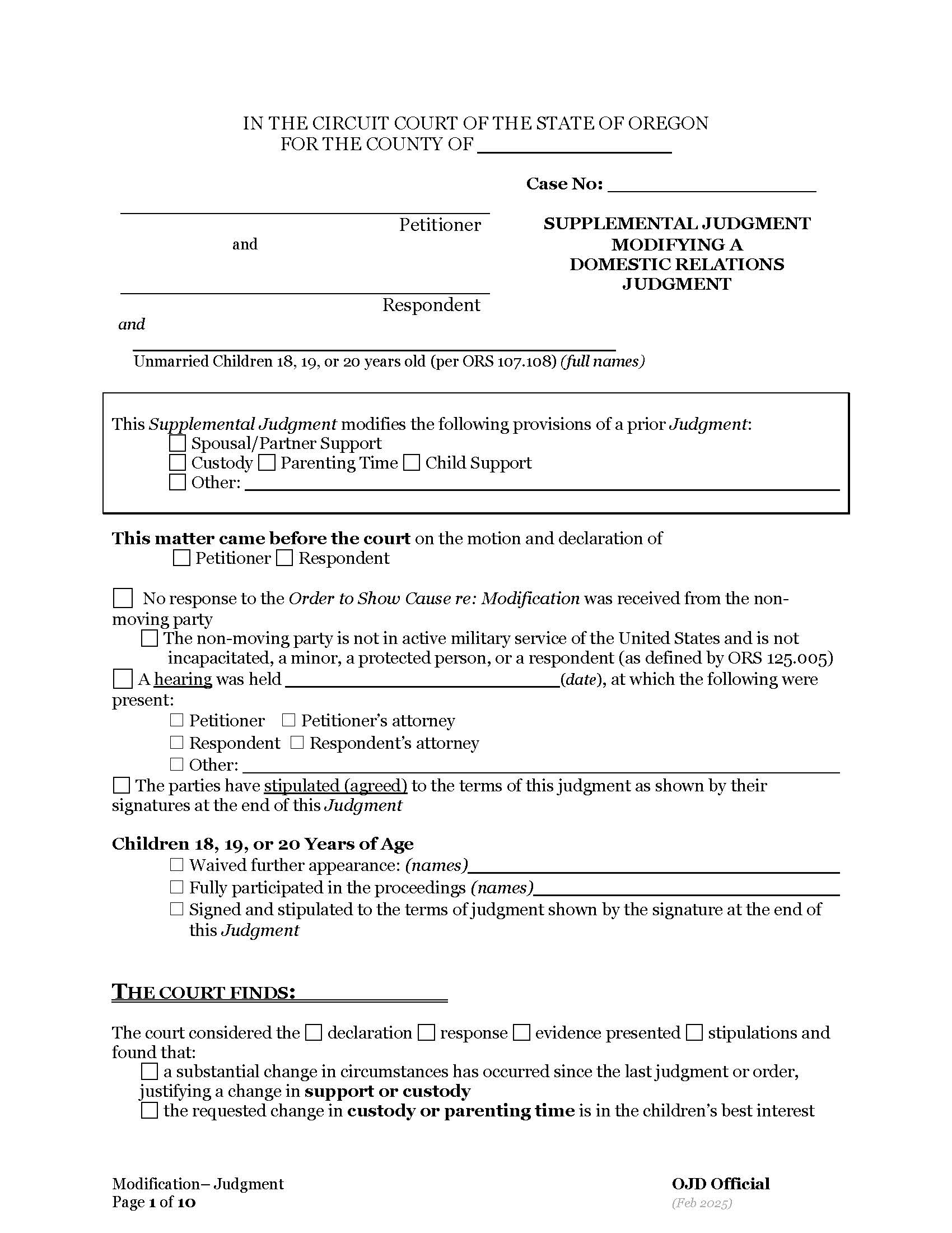 Supplemental Judgment Modifying Domestic Relations Judgment | Pdf Fpdf Docx | Oregon