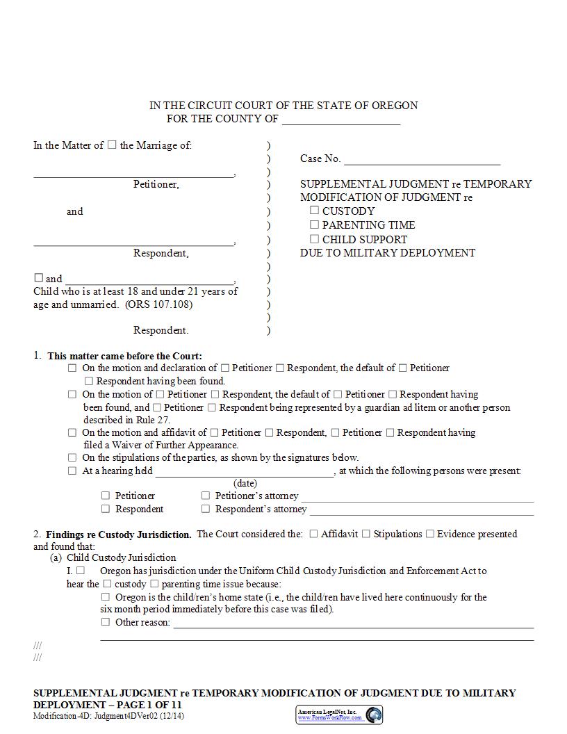 Supplemental Judgment Re Temoporary Modification (Military Deployment) (4D) | Pdf Fpdf Docx | Oregon