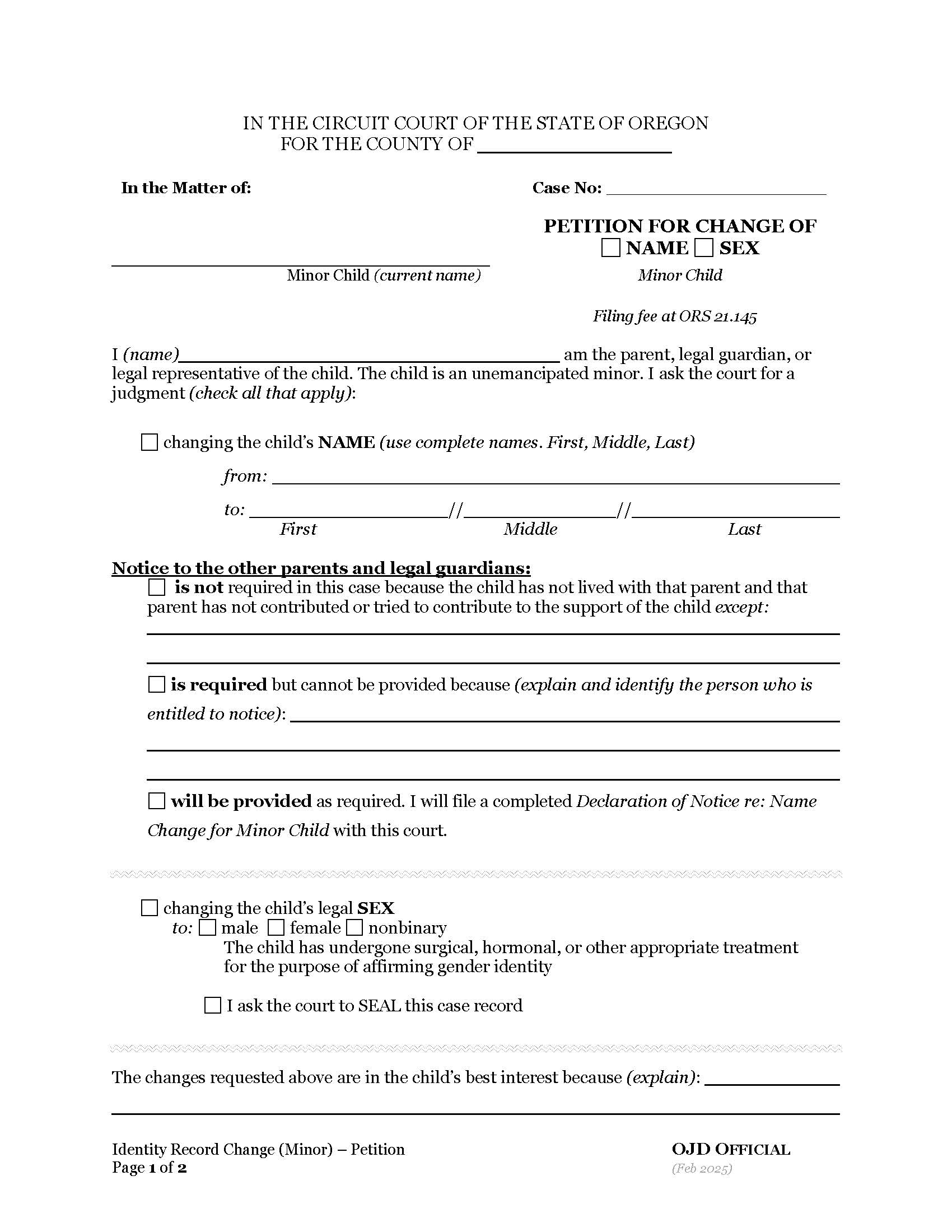 Name-Sex Change - Minor | Pdf Fpdf Docx | Oregon