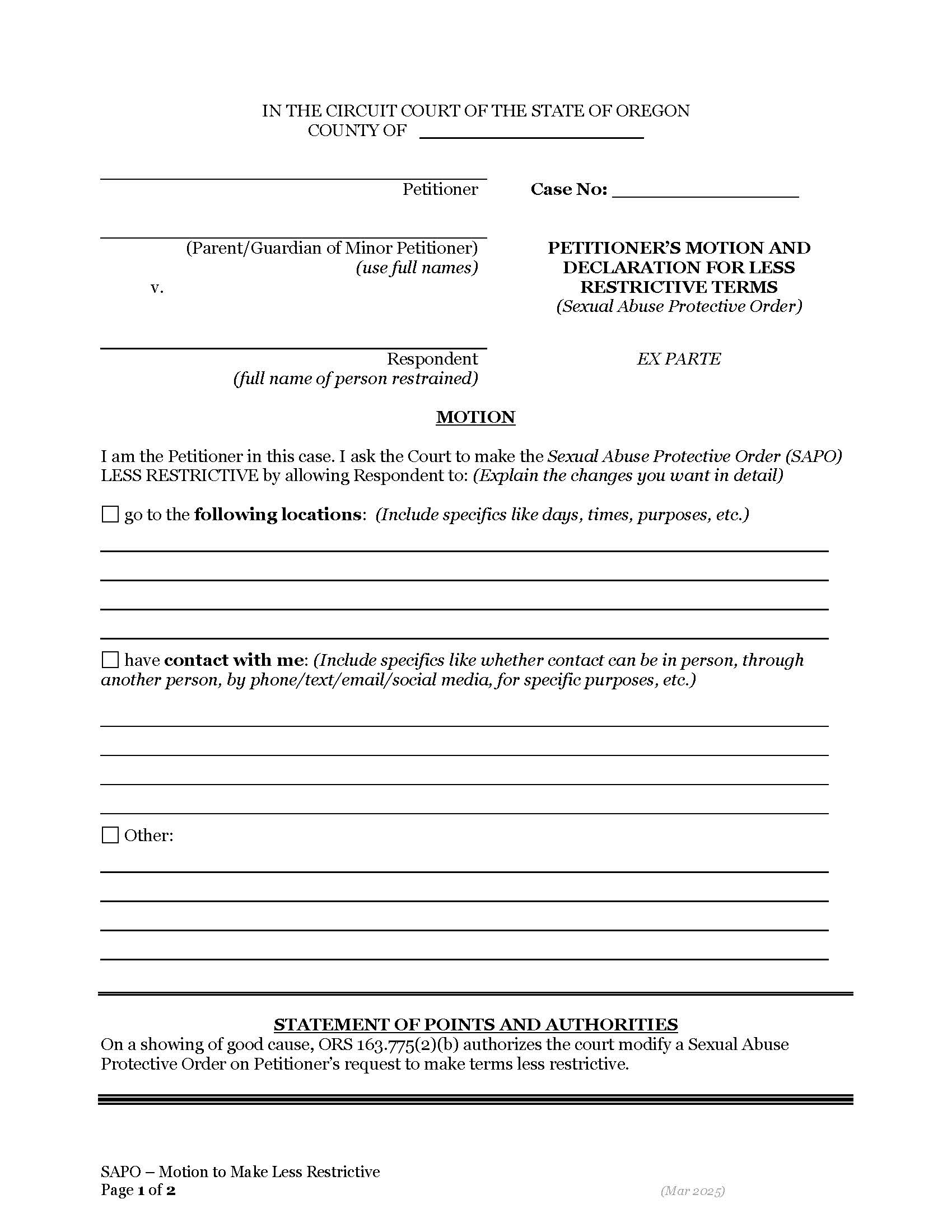 Modify Protective Order (SAPO) | Pdf Fpdf Docx | Oregon