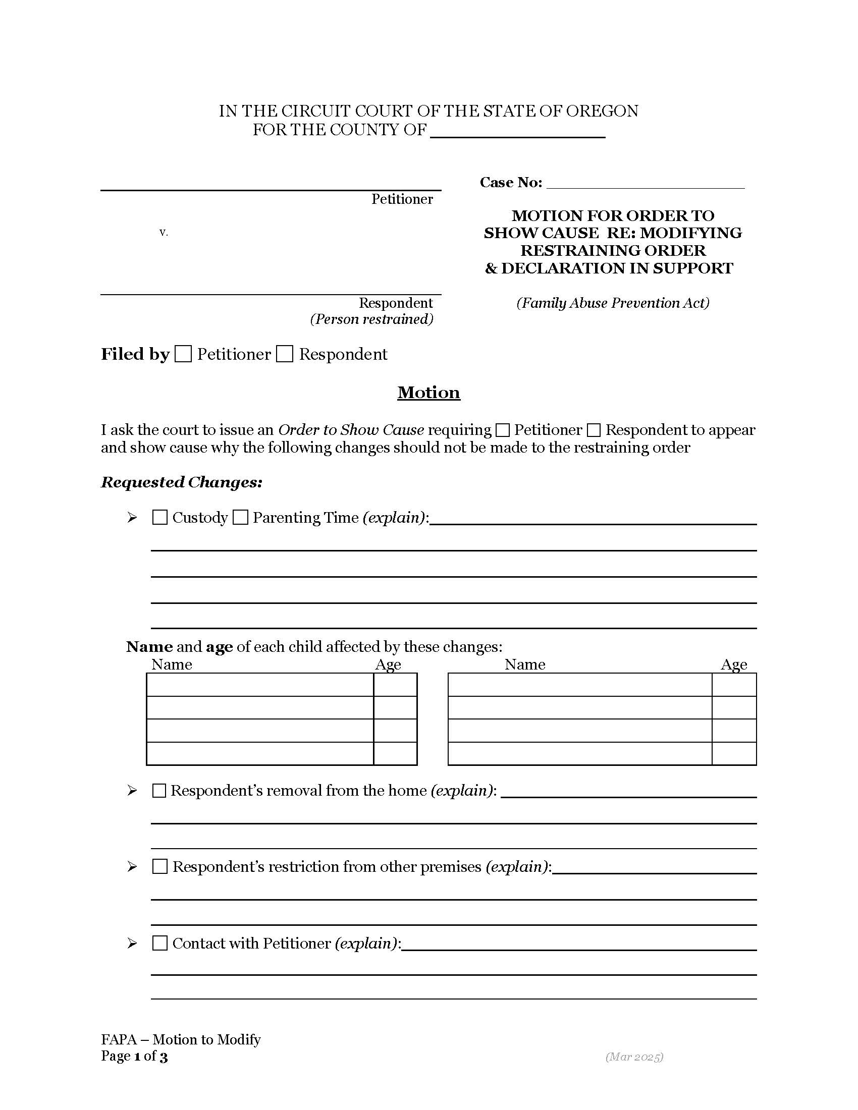 Modifying Restraining Order (FAPA) | Pdf Fpdf Docx | Oregon
