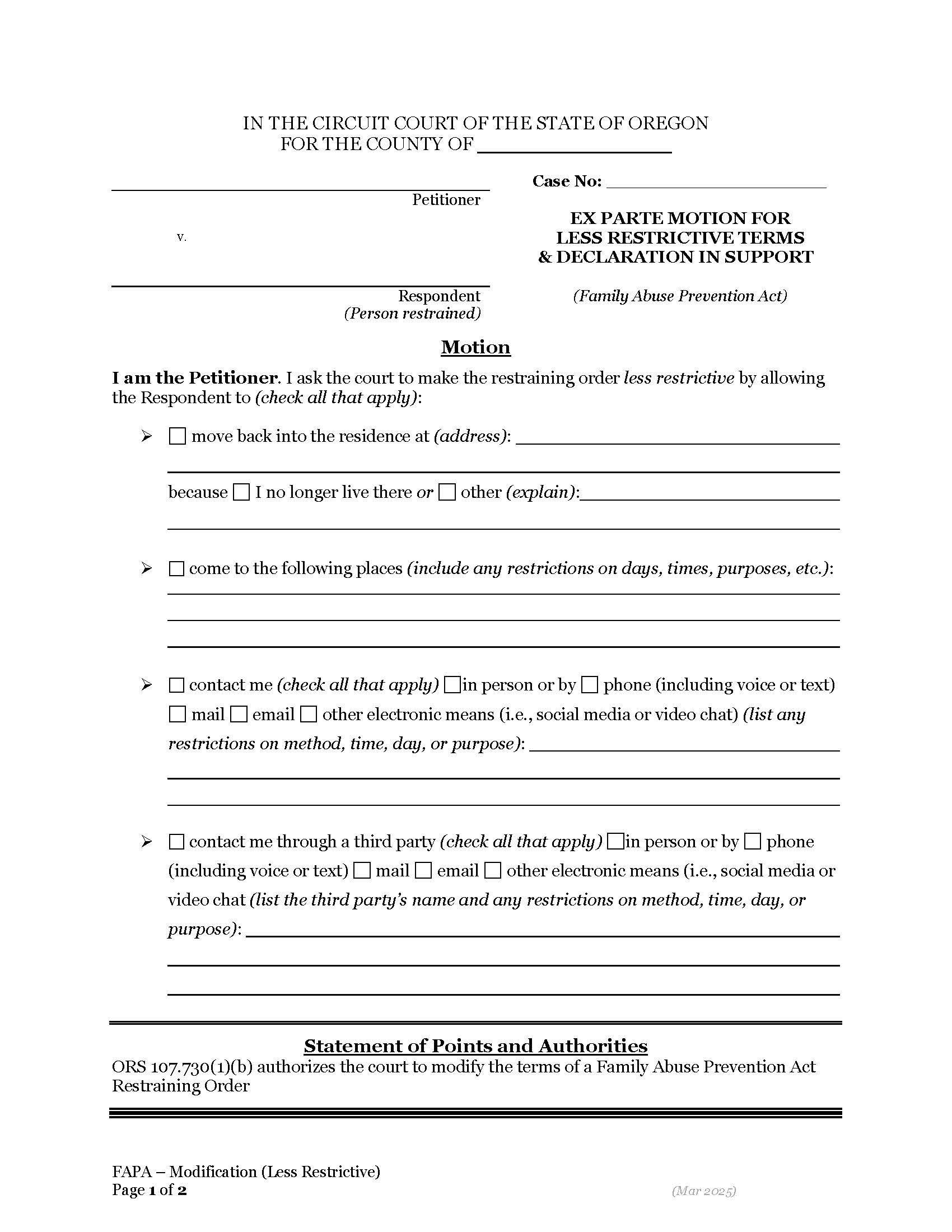 Modifying Restraining Order - Less Restrictive (FAPA) | Pdf Fpdf Docx | Oregon
