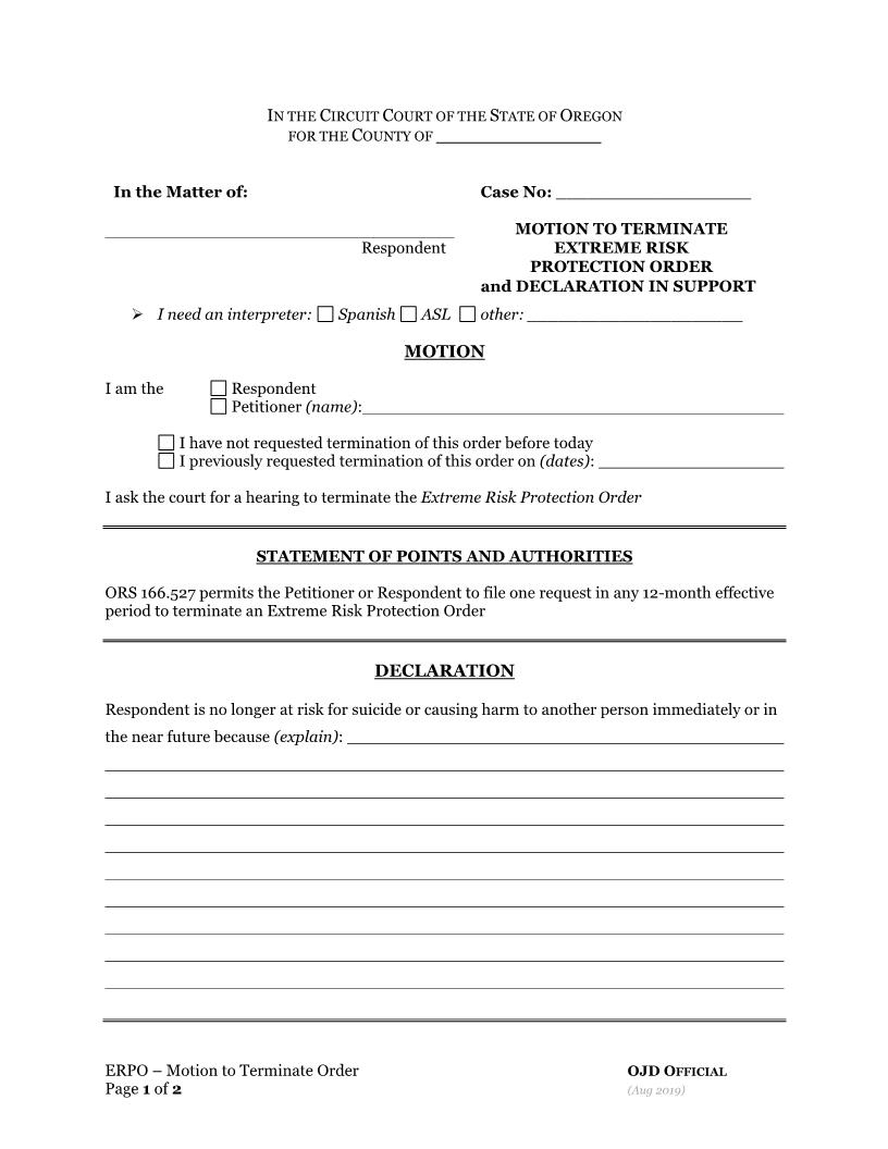 Motion To Terminate Extreme Risk Protection Order | Pdf Fpdf Docx | Oregon