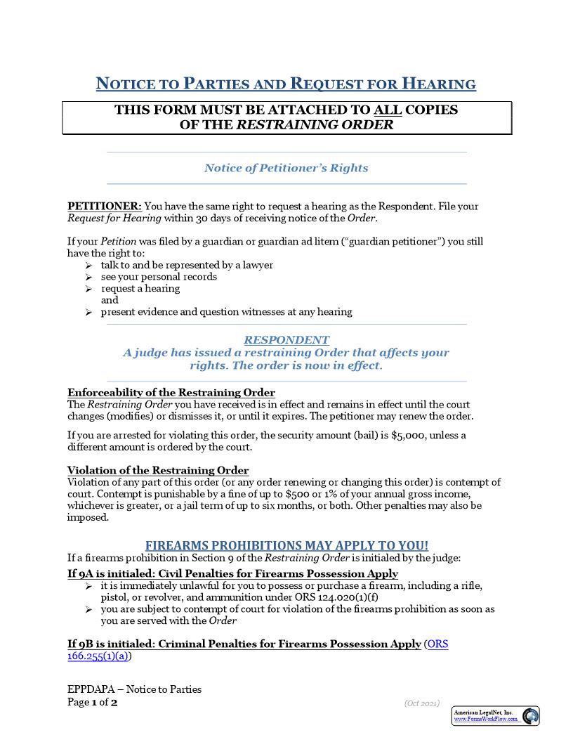 Notice To Parties And Request For Hearing {EPPDAPA} | Pdf Fpdf Docx | Oregon