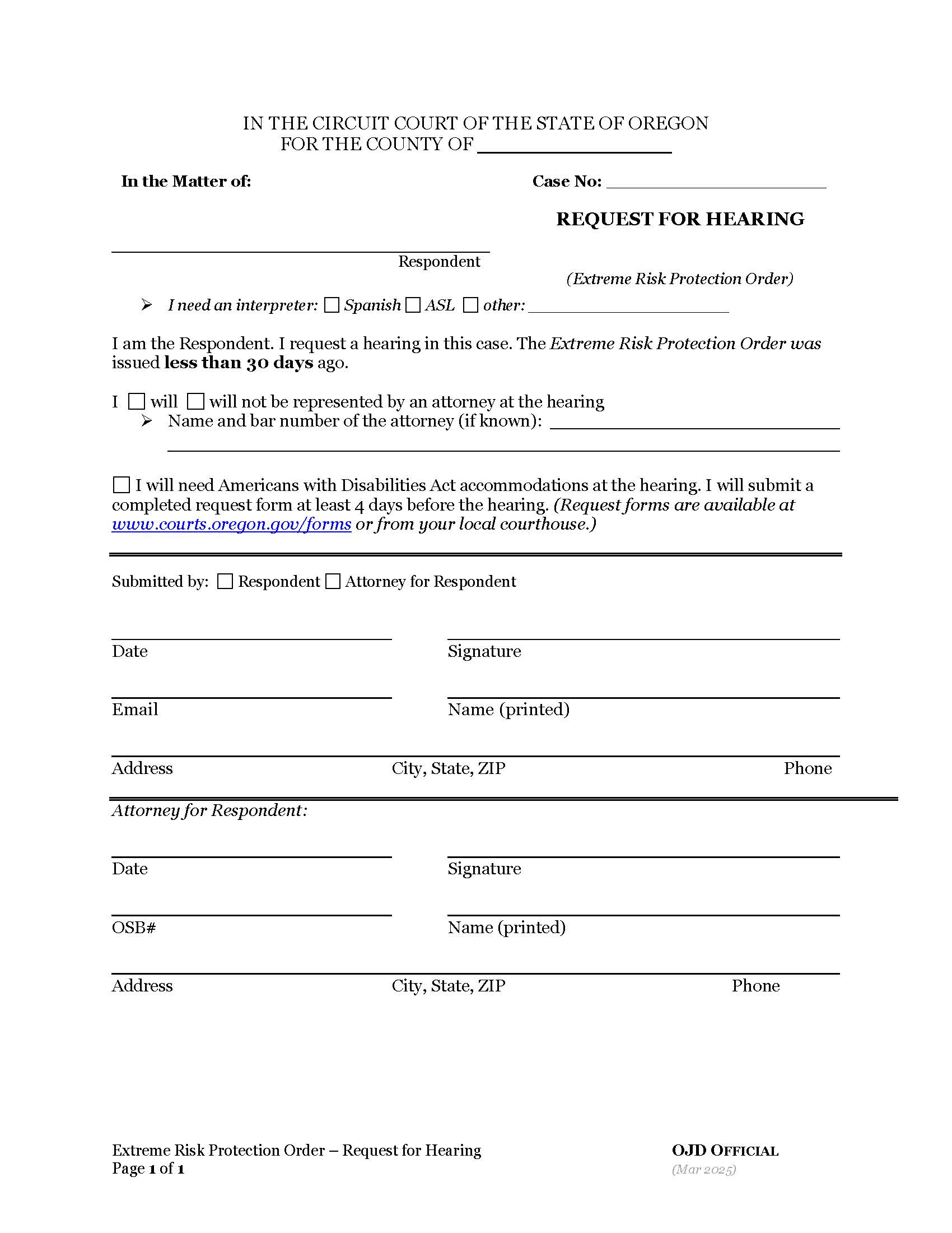 Notice To Respondent And Request For Hearing (Extreme Risk) | Pdf Fpdf Docx | Oregon