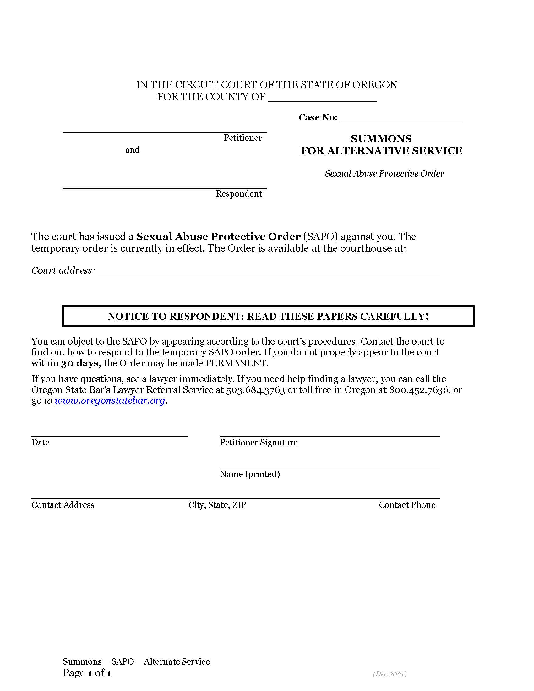 Obtaining Protective Order (SAPO)  | Pdf Fpdf Docx | Oregon