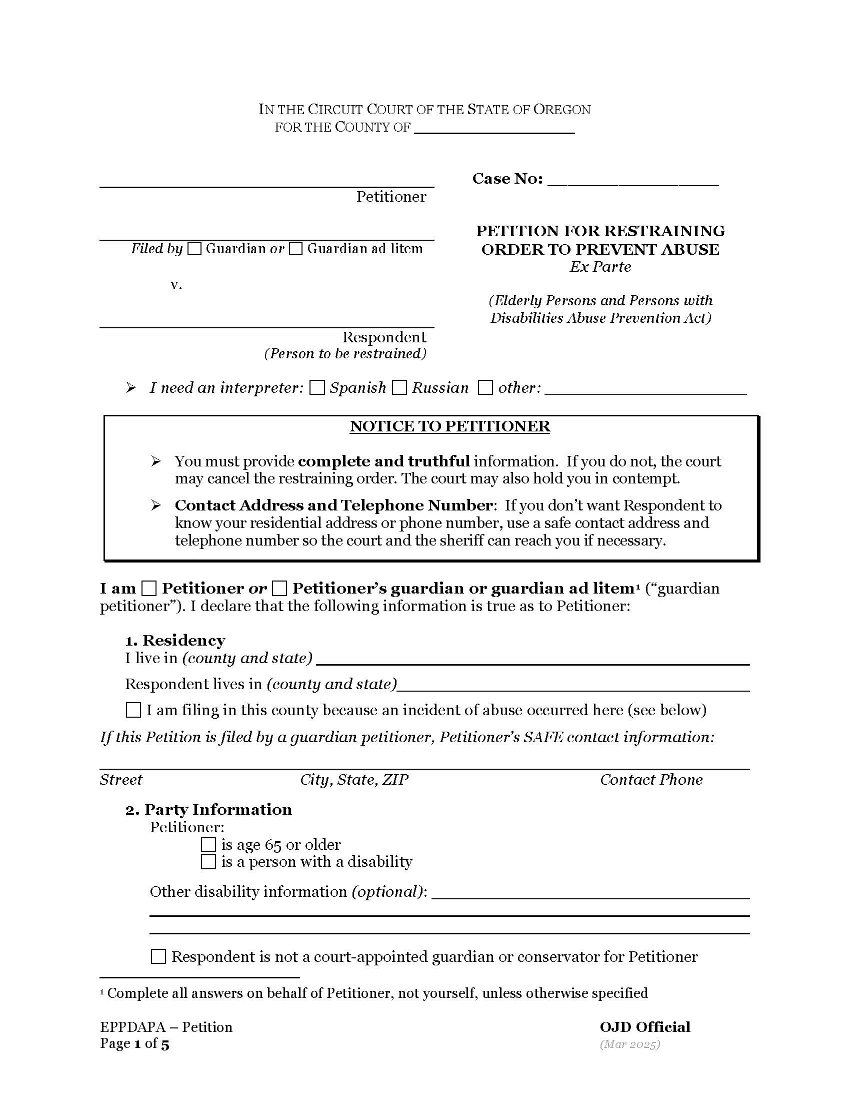 Obtaining Restaining Order (EPPDAPA) | Pdf Fpdf Docx | Oregon