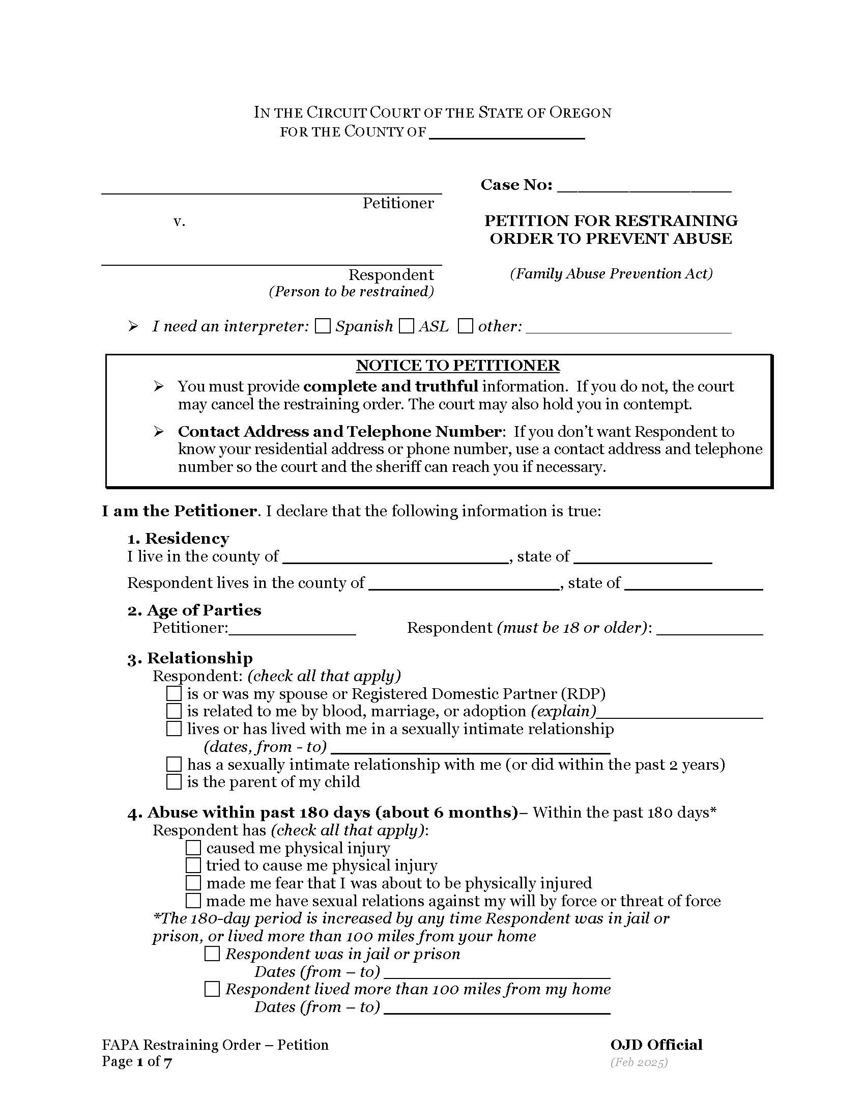 Obtaining Restraining Order (FAPA) | Pdf Fpdf Docx | Oregon