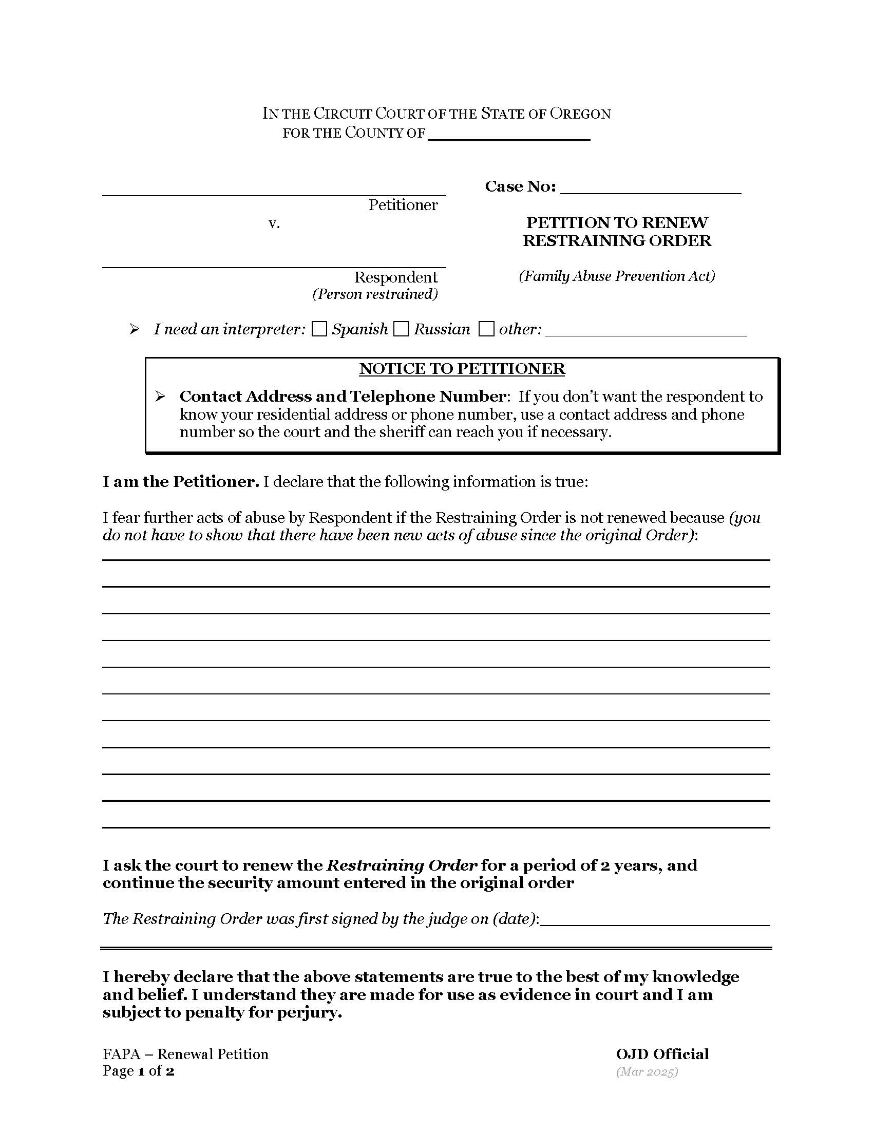 Renewing Restraining Order (FAPA) | Pdf Fpdf Docx | Oregon