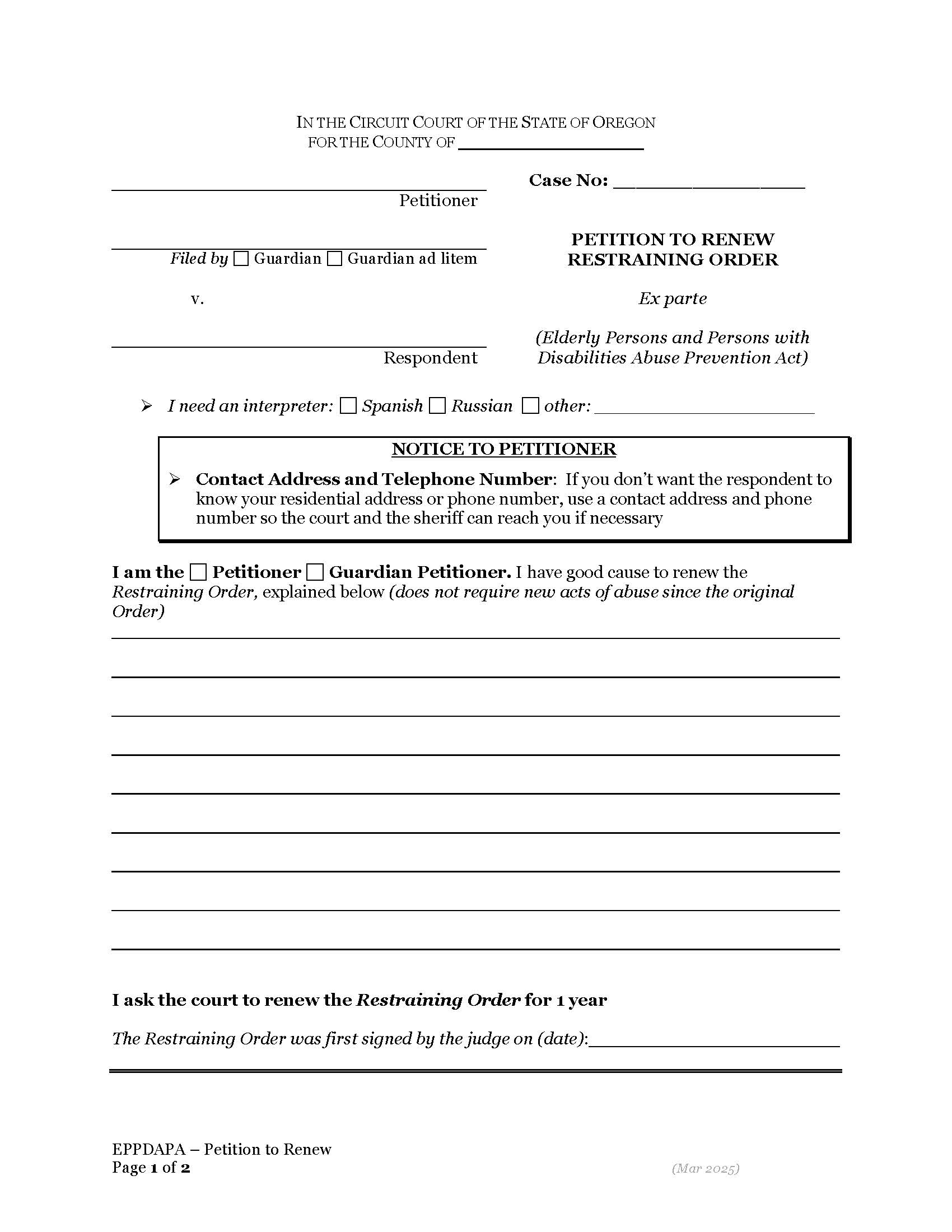 Renewing Restraining Order (Packet) (EPPDAPA) | Pdf Fpdf Docx | Oregon