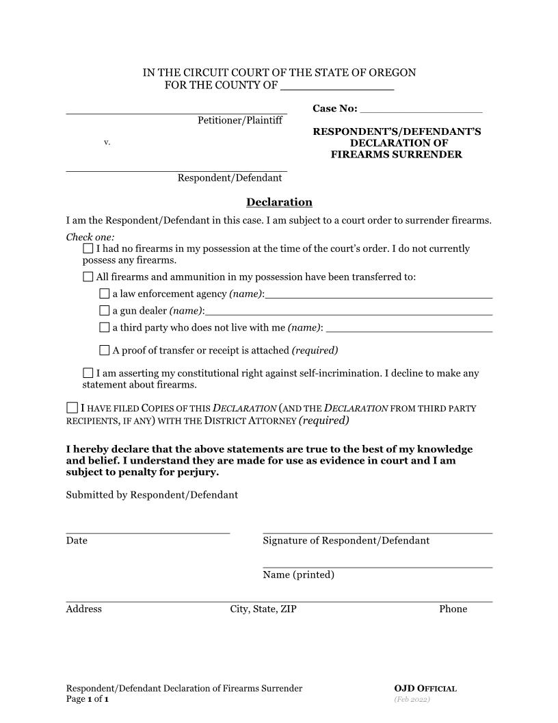 Respondent Declaration Of Firearms Surrender | Pdf Fpdf Docx | Oregon