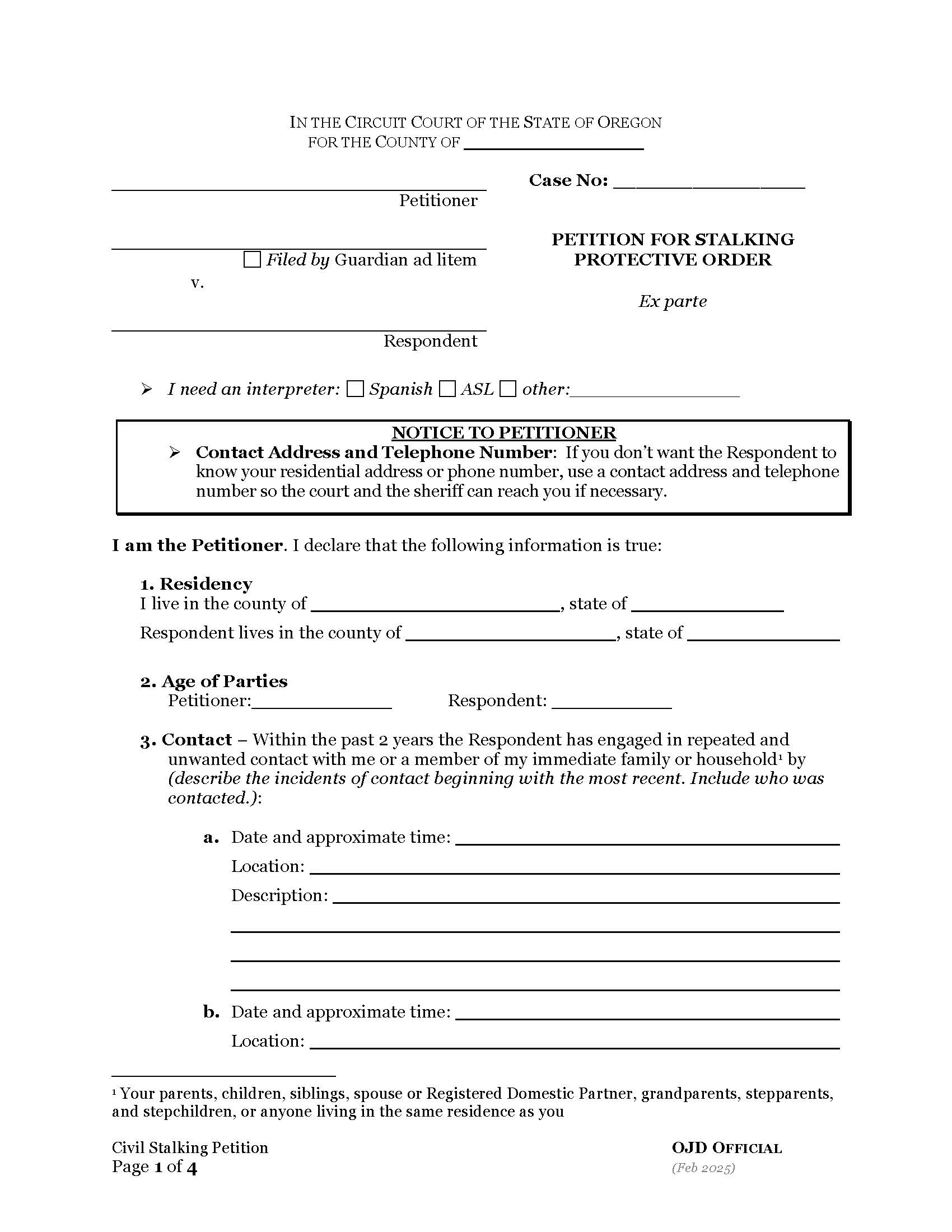 Stalking Protection Order | Pdf Fpdf Docx | Oregon