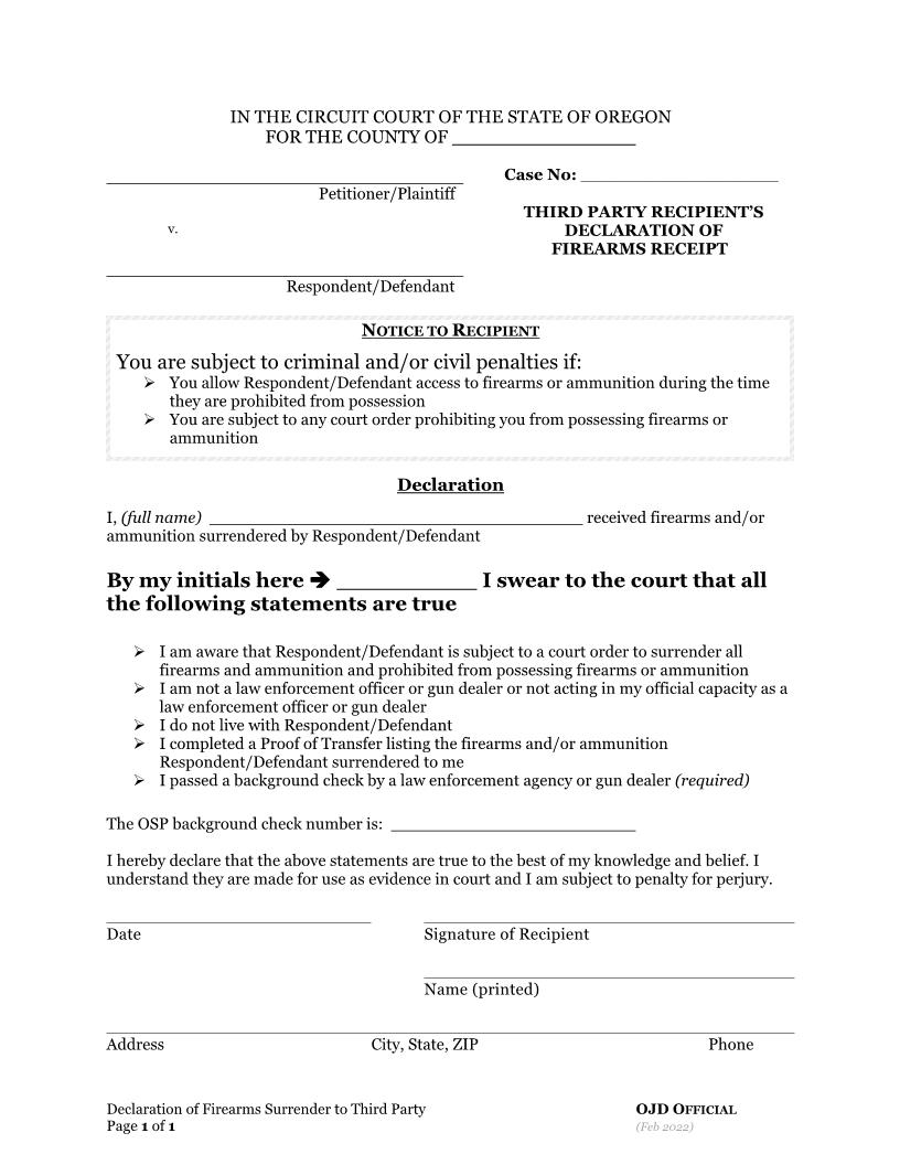 Third Party Receipt Of Firearms | Pdf Fpdf Docx | Oregon