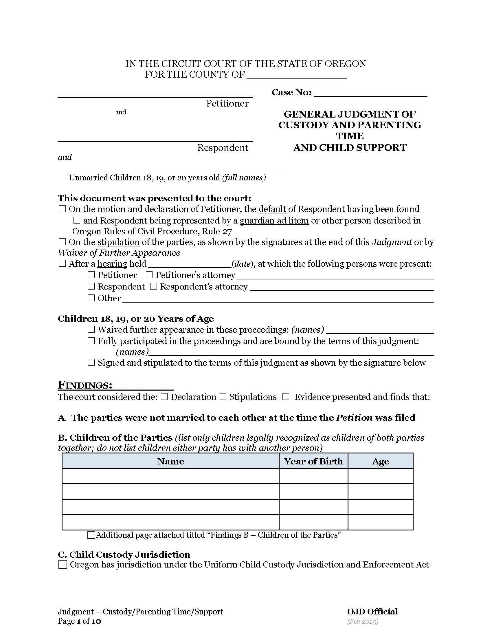 General Judgment Of Custody Parenting Time And Child Support | Pdf Fpdf Docx | Oregon
