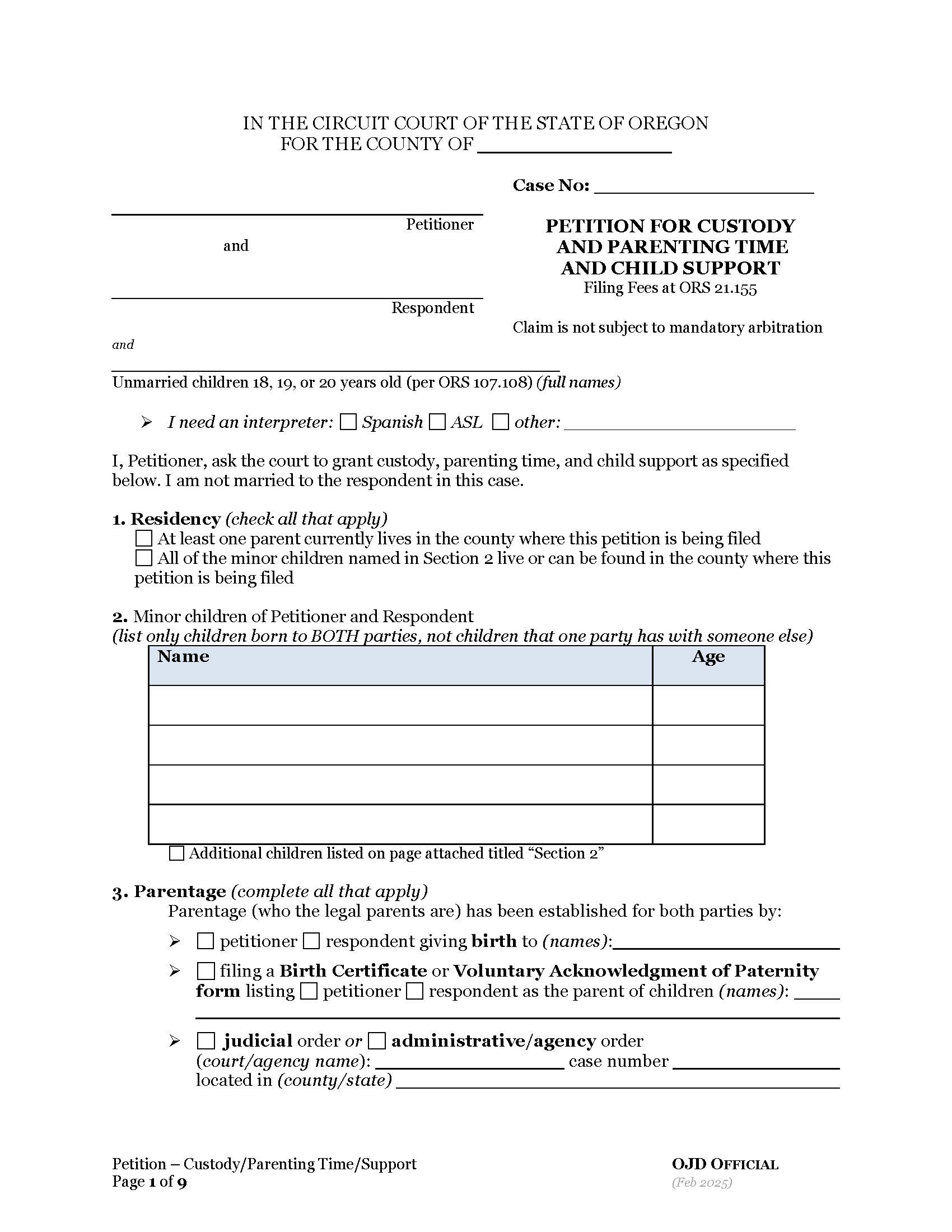 Petition For Custody And Parenting Time And Child Support | Pdf Fpdf Docx | Oregon