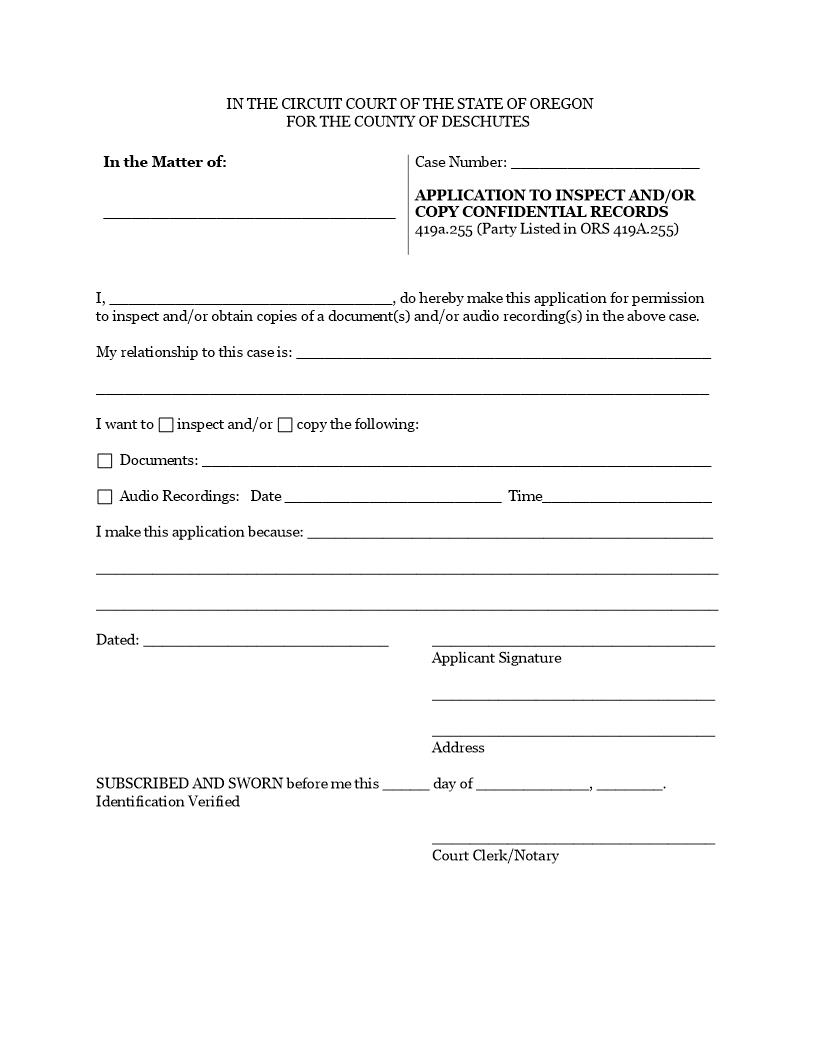 Application To Inspect And Copy Confidential Documents | Pdf Fpdf Docx | Oregon