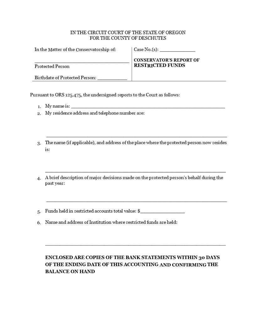 Conservators Report Of Restricted Funds | Pdf Fpdf Docx | Oregon