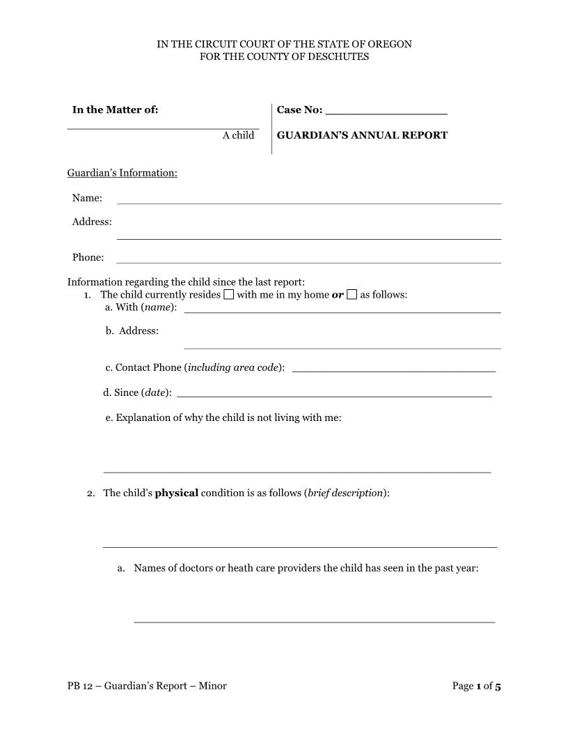 Guardian Report (Minor) | Pdf Fpdf Docx | Oregon