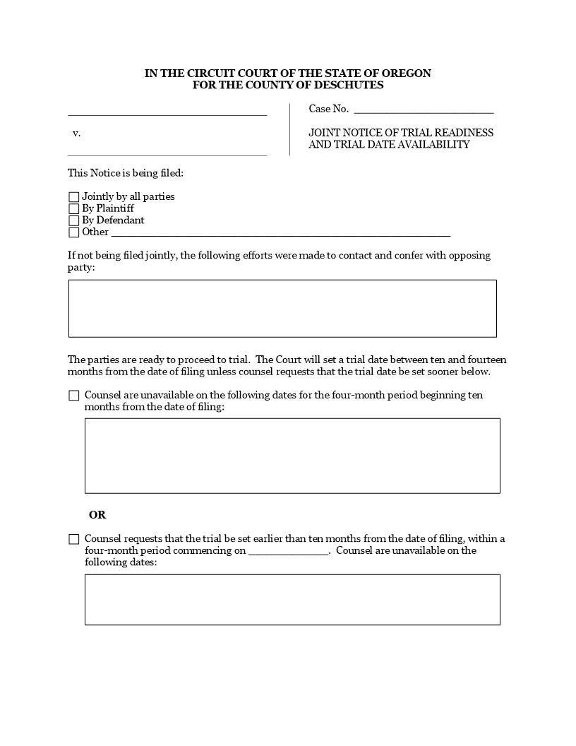 Joint Notice Of Trial Readiness And Trial Date Availability (Civil) | Pdf Fpdf Docx | Oregon