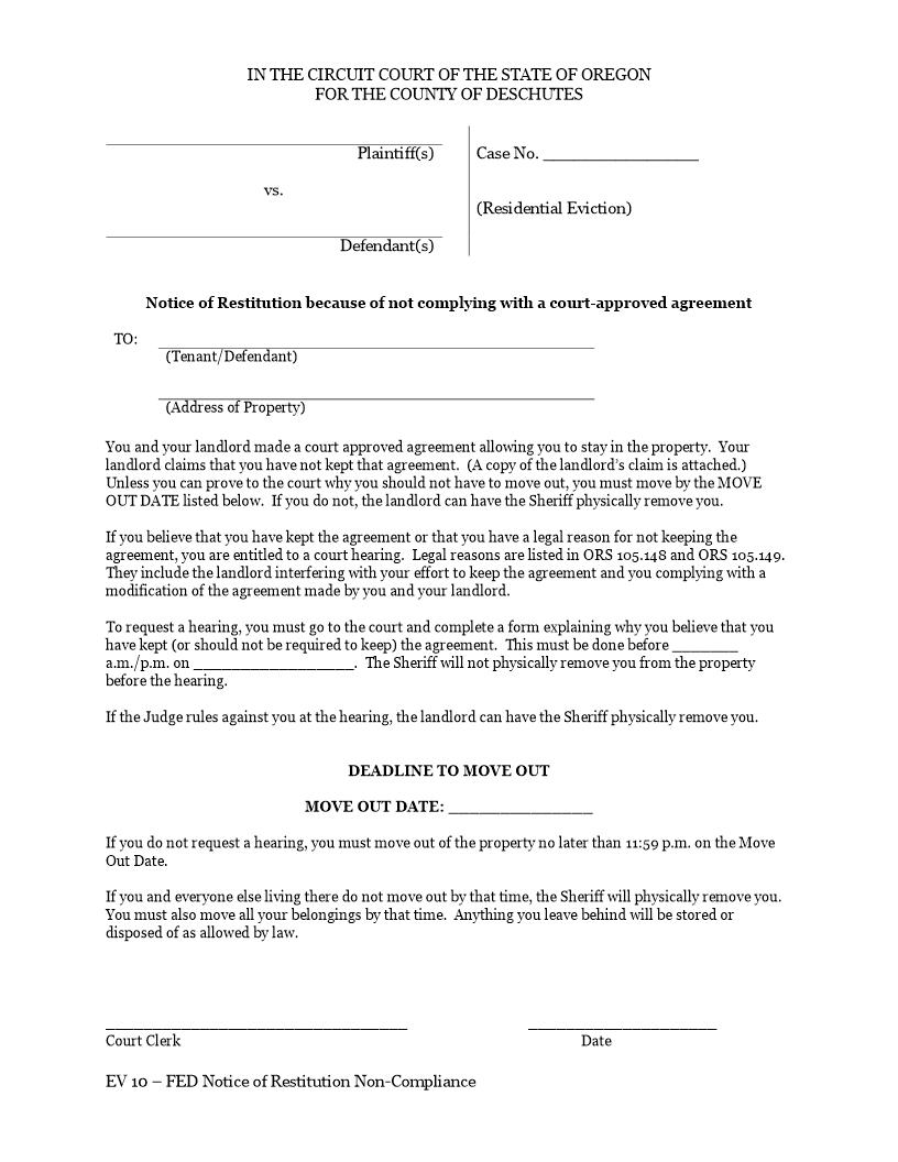 Notice Of Restitution Non-Compliance {EV 10} | Pdf Fpdf Docx | Oregon