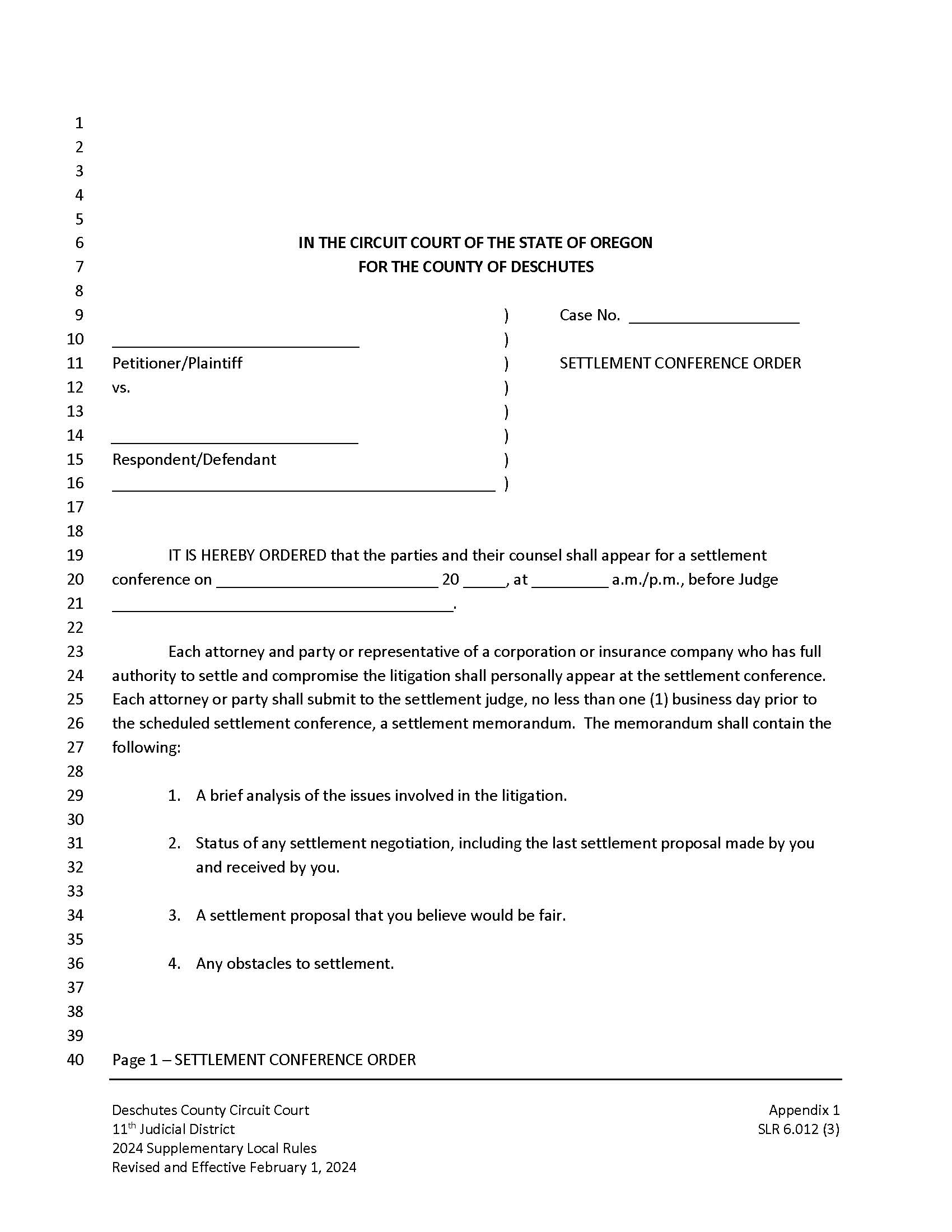 Settlement Conference Order {App 1} | Pdf Fpdf Docx | Oregon