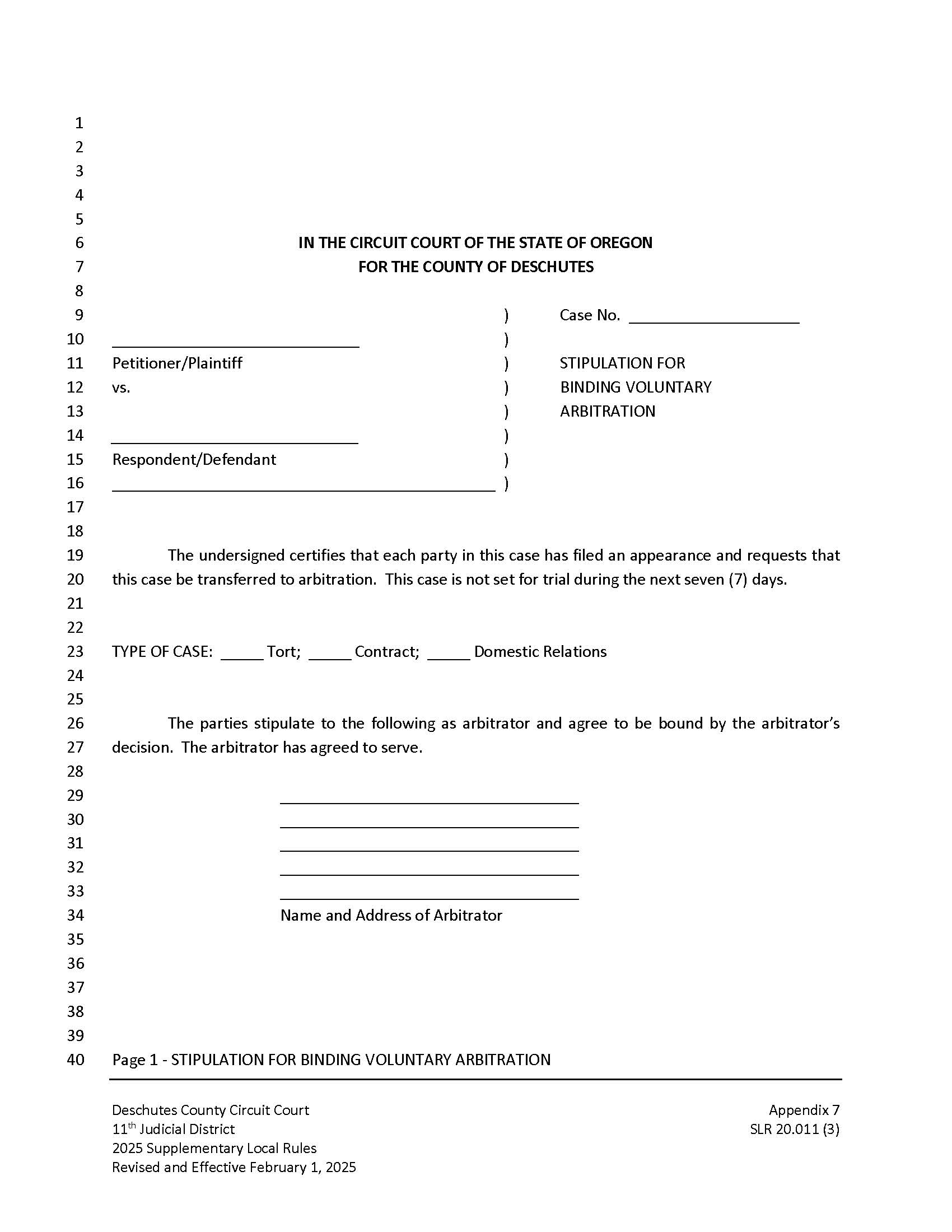 Stipulation For Binding Voluntary Arbitration {App 7} | Pdf Fpdf Docx | Oregon