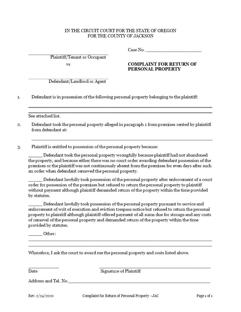 Complaint For Return Of Personal Property | Pdf Fpdf Doc Docx | Oregon