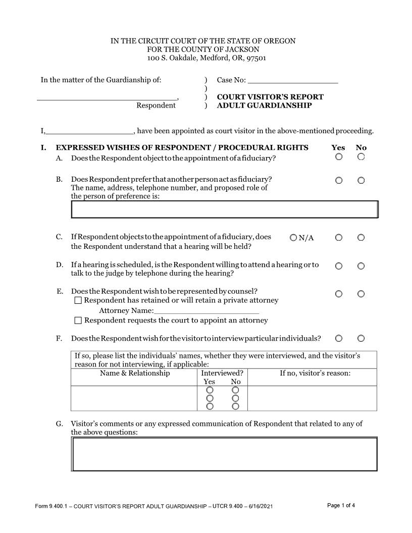 Court Visitor Report (Adult Guardianship) {9.400.1} | Pdf Fpdf Docx | Oregon