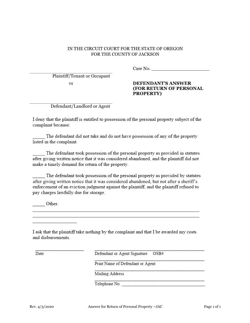 Defendants Answer (Return Of Personal Property) | Pdf Fpdf Doc Docx | Oregon