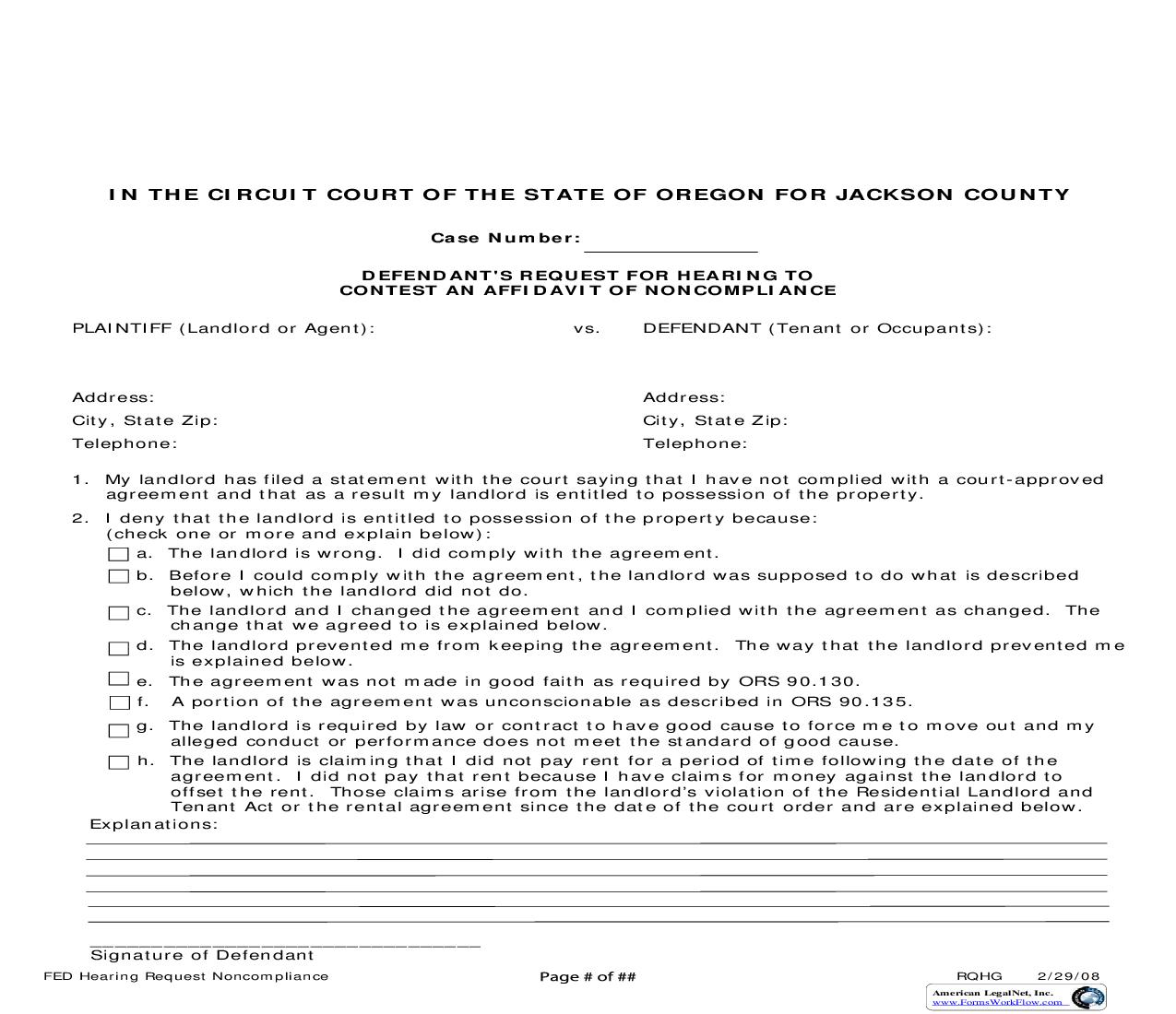 Defendants Request For Hearing To Contest An Affidavit On Noncompliance | Pdf Fpdf Doc Docx | Oregon