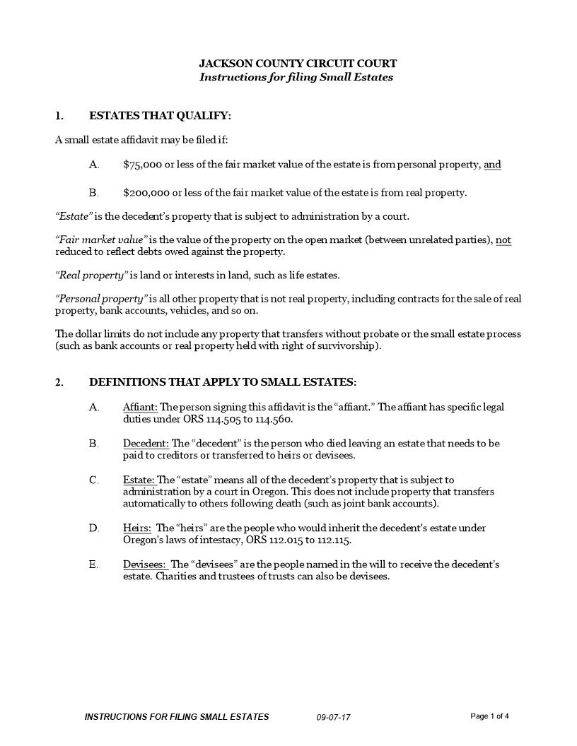 Small Estate Affidavit | Pdf Fpdf Doc Docx | Oregon