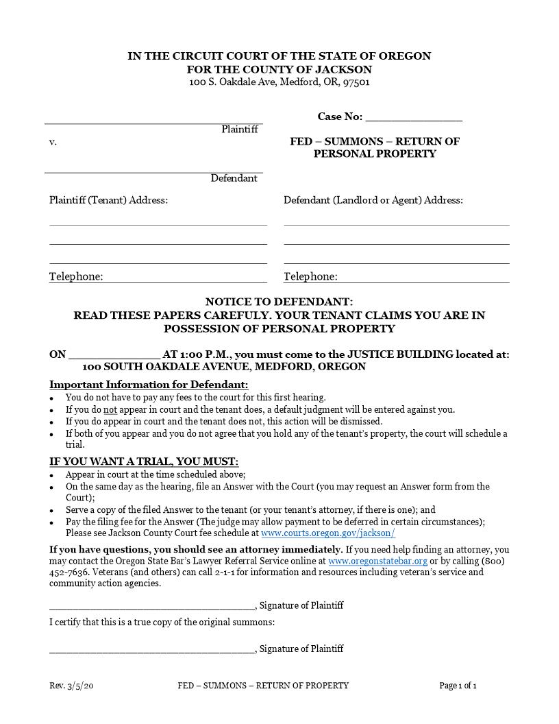 Summons Return Of Personal Property | Pdf Fpdf Doc Docx | Oregon