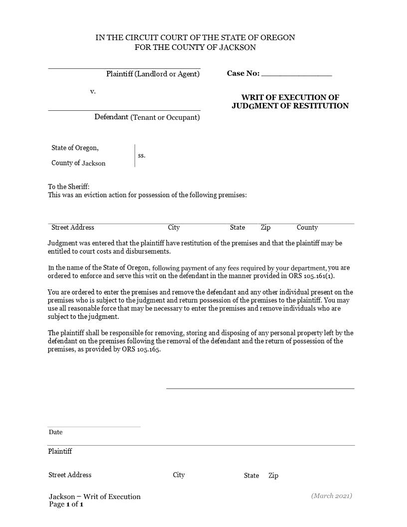 Writ Of Execution Of Judgment Of Restitution | Pdf Fpdf Docx | Oregon