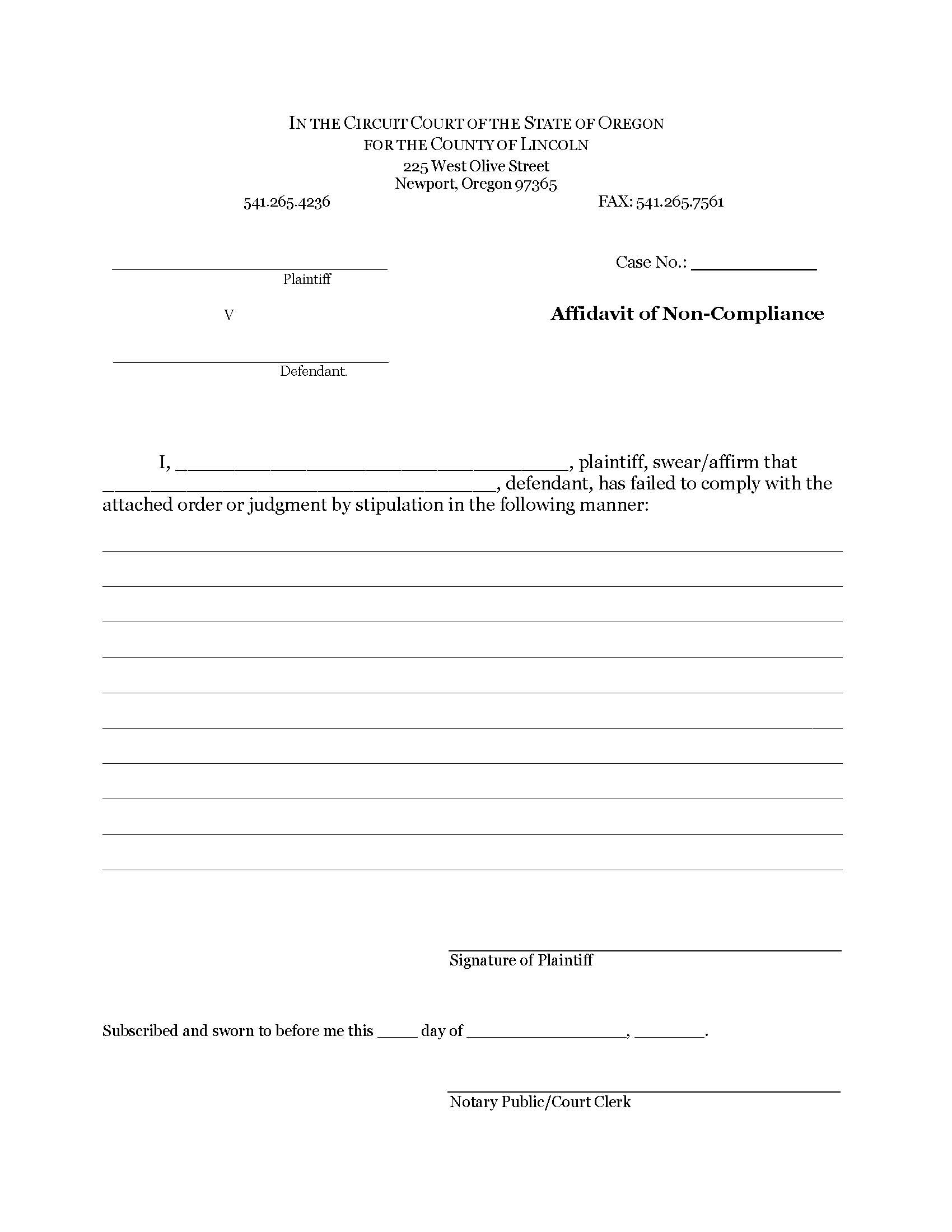 Affidavit of Non-Compliance | Pdf Fpdf Docx | Oregon
