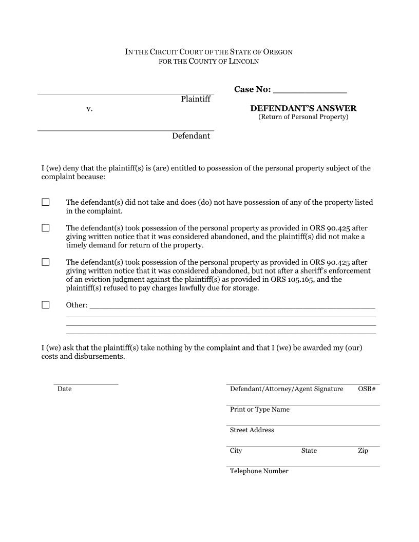 Answer - Return of Personal Property | Pdf Fpdf Docx | Oregon