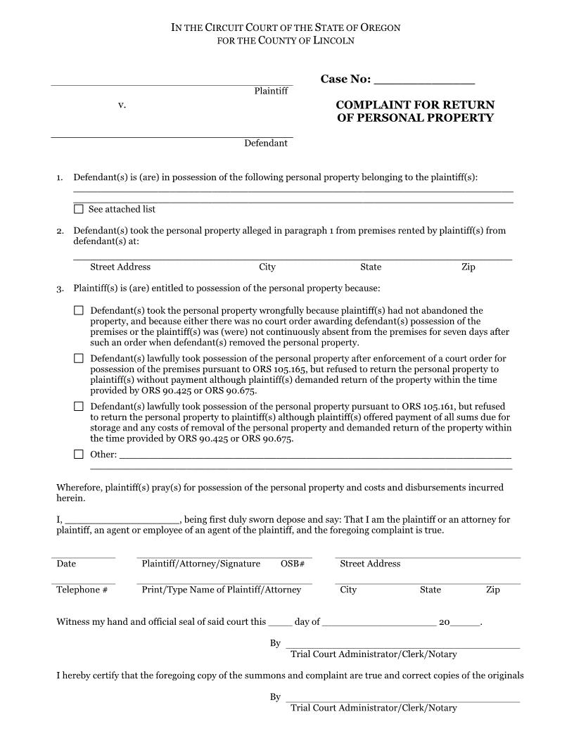 Complaint - Return of Personal Property | Pdf Fpdf Docx | Oregon