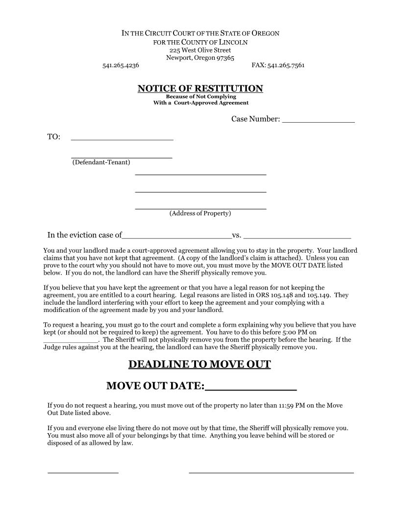 Notice of Restitution - Non-Compliance | Pdf Fpdf Docx | Oregon