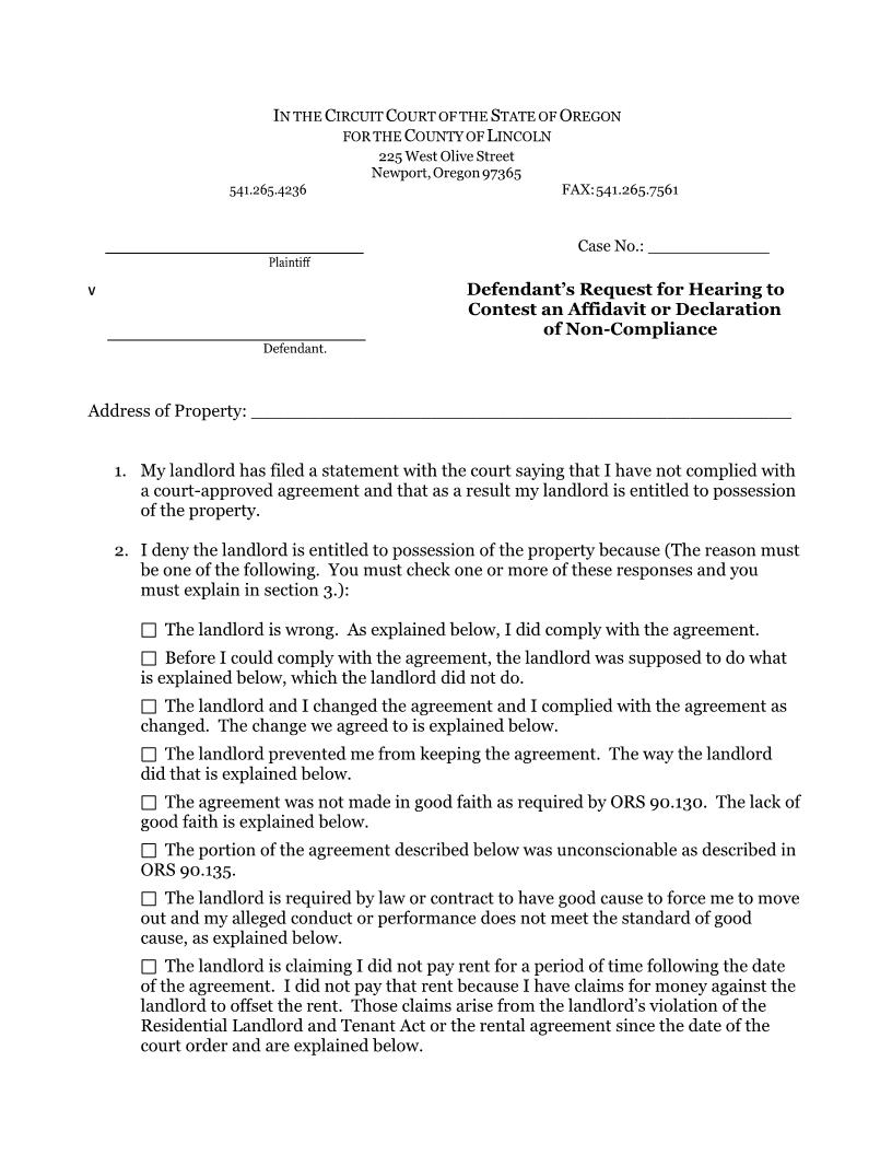 Request for Hearing to Contest Affidavit of Non-Compliance | Pdf Fpdf Docx | Oregon
