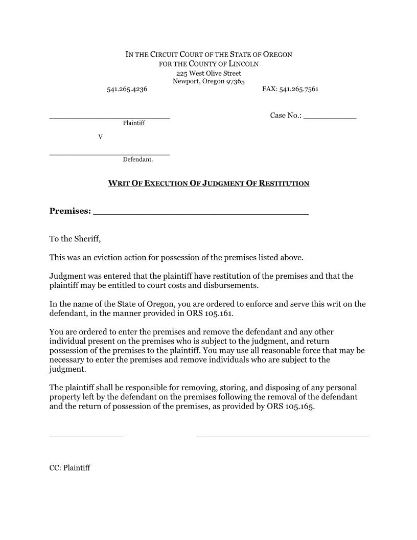 Writ Of Execution Of Judgment Of Restitution | Pdf Fpdf Doc Docx | Oregon