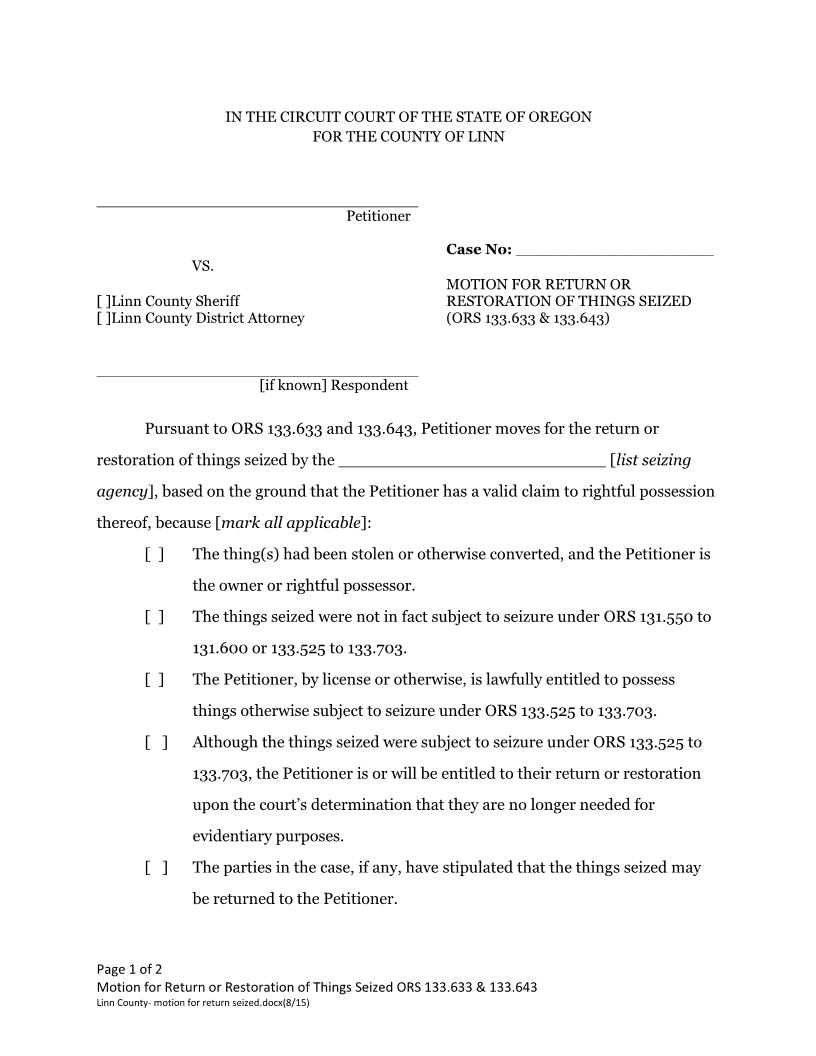 Motion For Return Of Things Seized | Pdf Fpdf Docx | Oregon