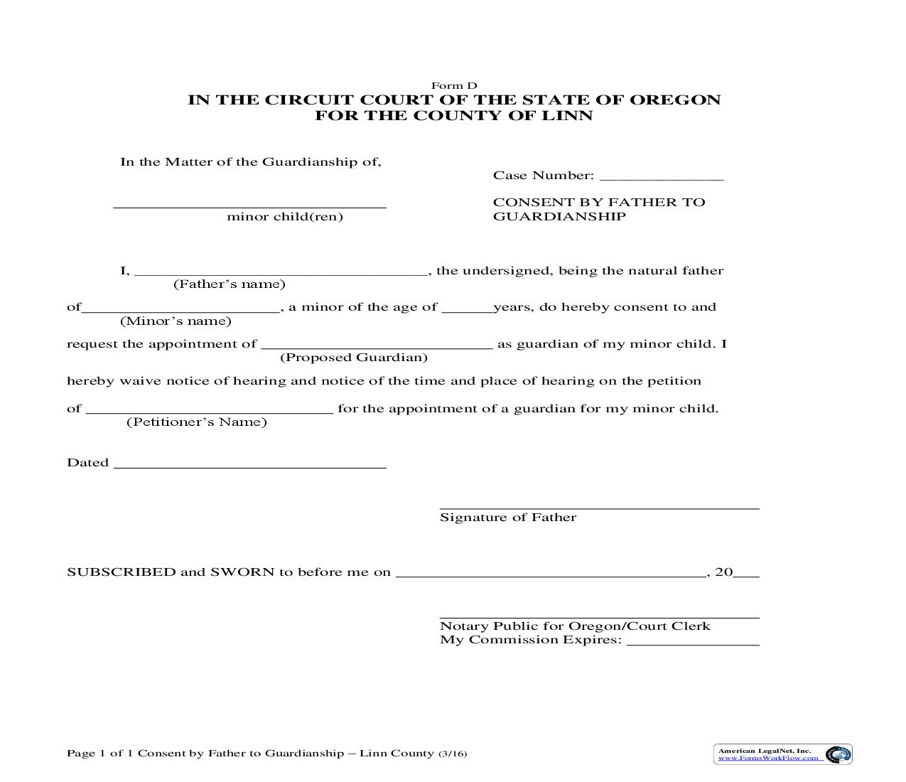 Consent By Father To Guardianship {D} | Pdf Fpdf Doc Docx | Oregon