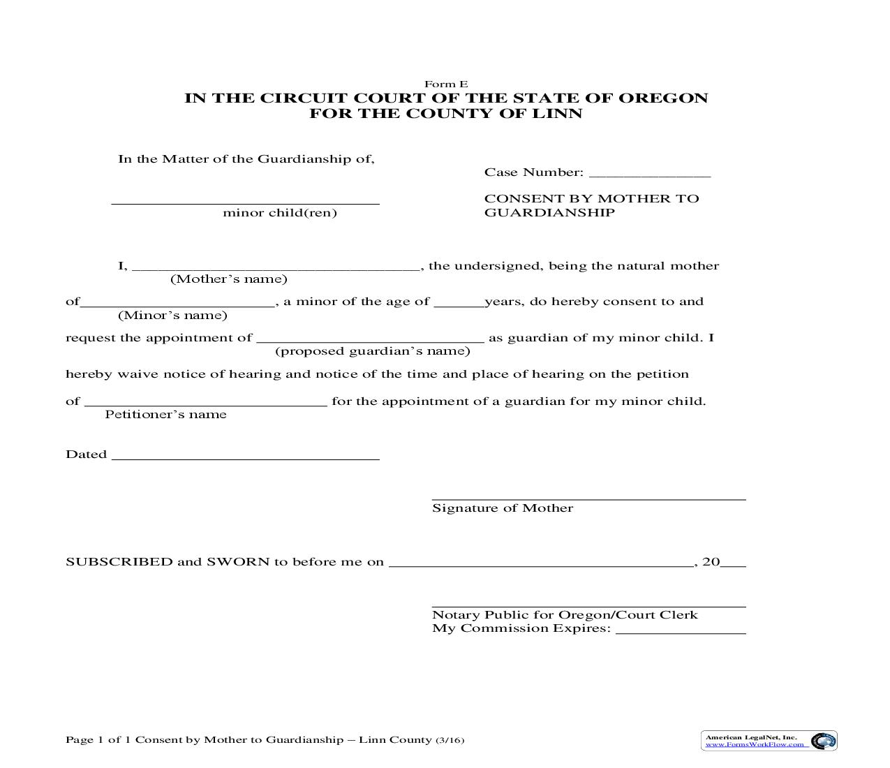 Consent By Mother To Guardianship {E} | Pdf Fpdf Doc Docx | Oregon