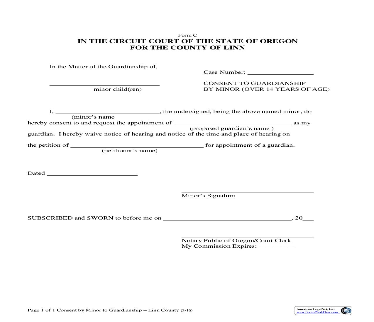 Consent To Guardianship By Minor (Over 14 YO) {C} | Pdf Fpdf Doc Docx | Oregon