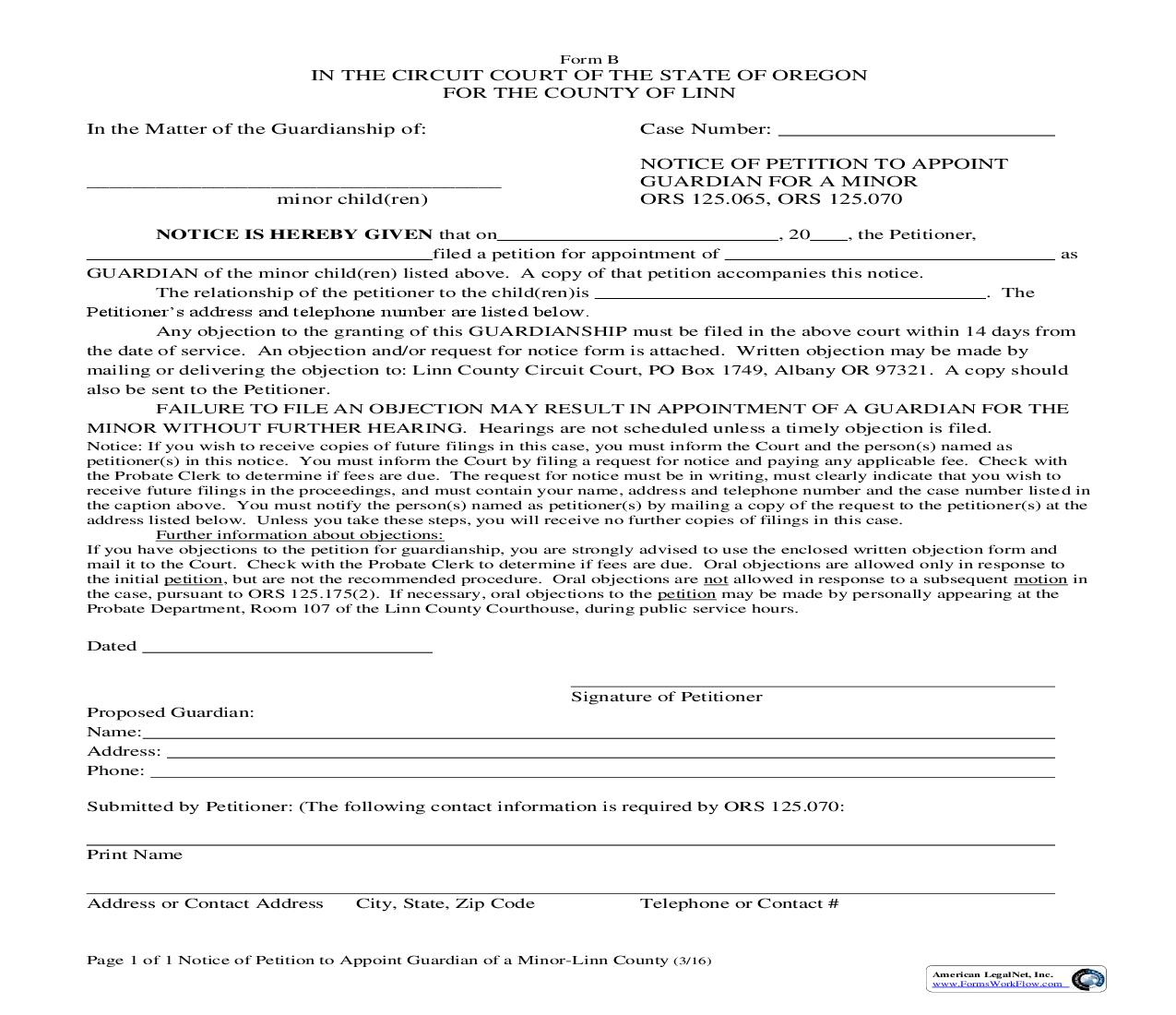Notice Of Petition To Appoint Guardian For A Minor {B} | Pdf Fpdf Doc Docx | Oregon