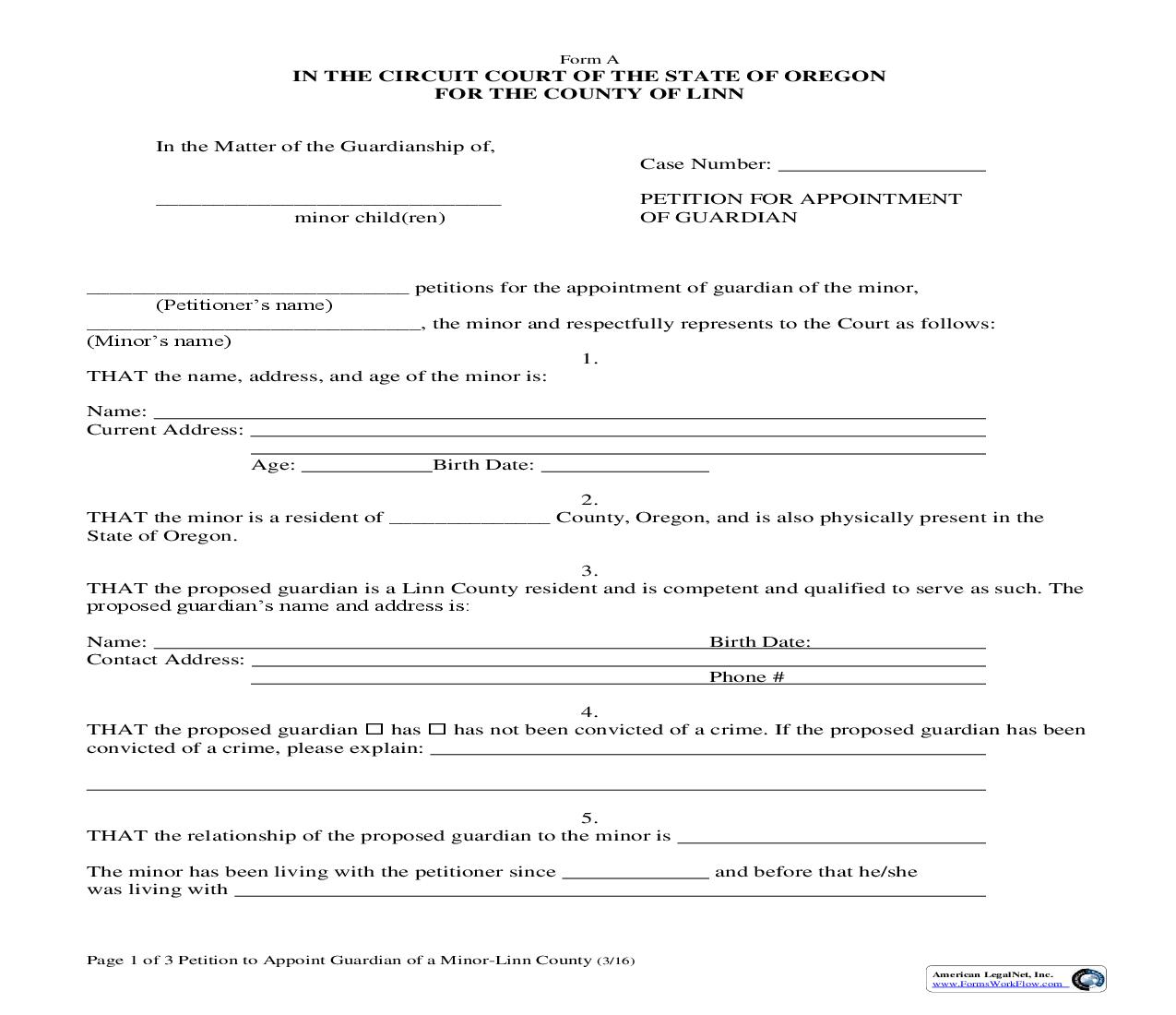 Petition For Appointment Of Guardian {A} | Pdf Fpdf Doc Docx | Oregon