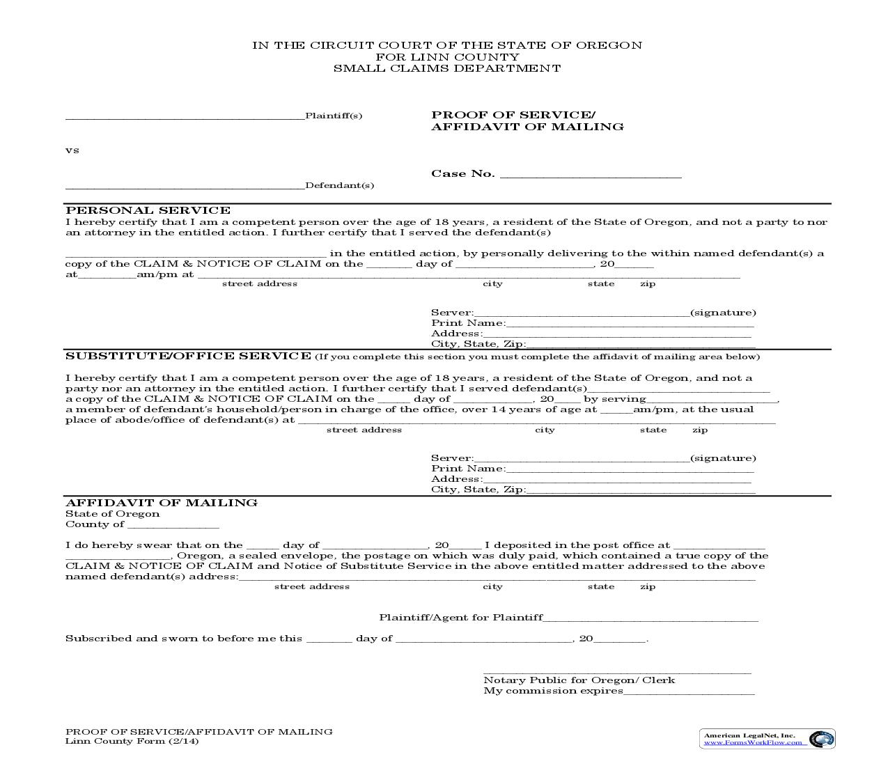 Proof Of Service-Affidavit Of Mailing | Pdf Fpdf Doc Docx | Oregon