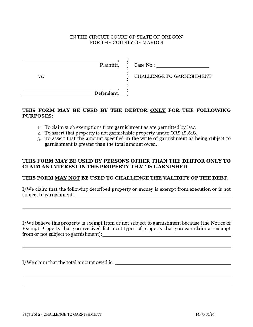 Challenge To Garnishment | Pdf Fpdf Doc Docx | Oregon