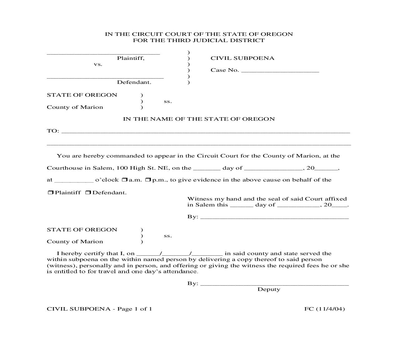 Civil Subpoena | Pdf Fpdf Doc Docx | Oregon