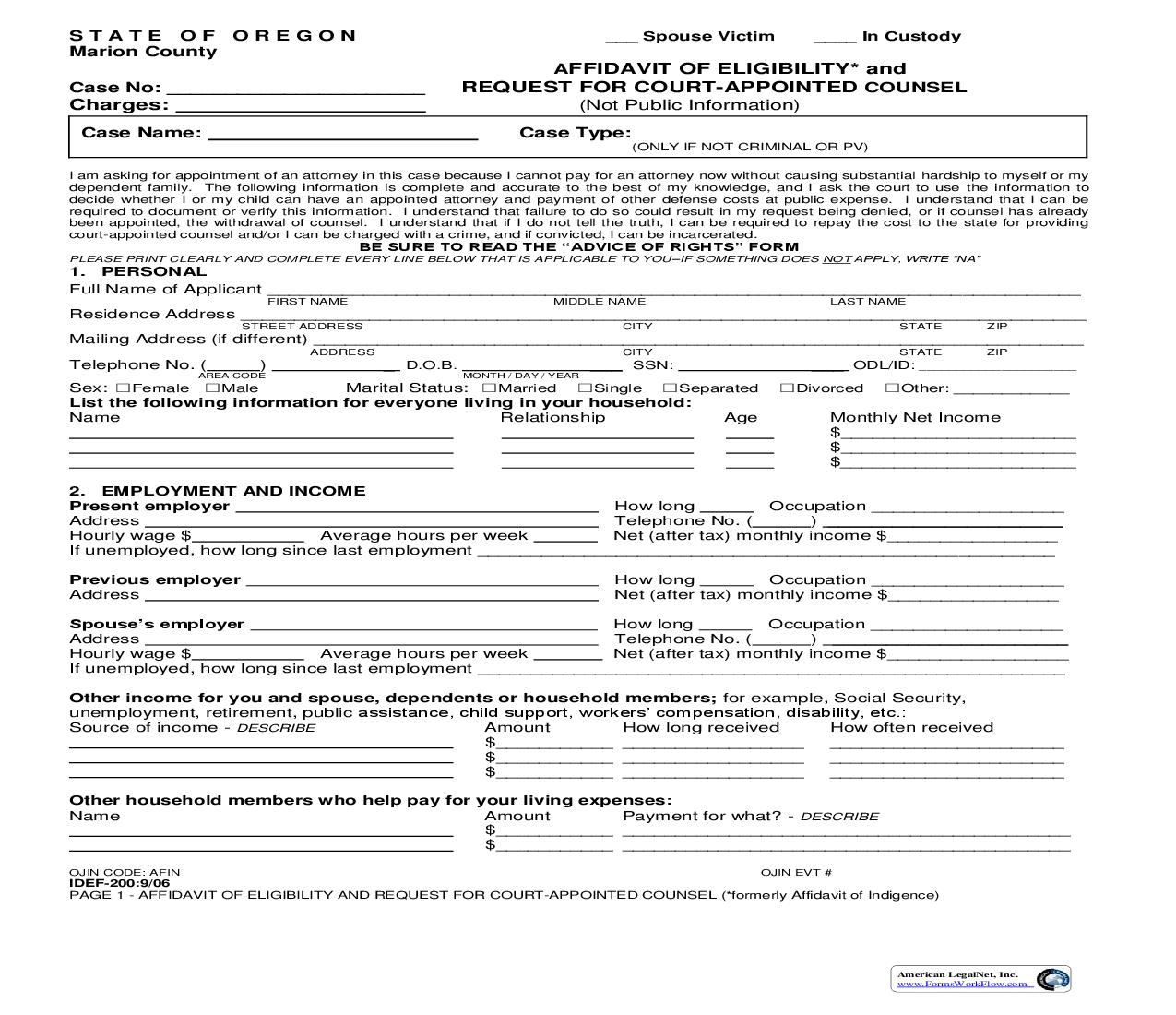 Affidavit Of Eligibility And Request For Court-Appointed Counsel (Not Public Information) | Pdf Fpdf Doc Docx | Oregon